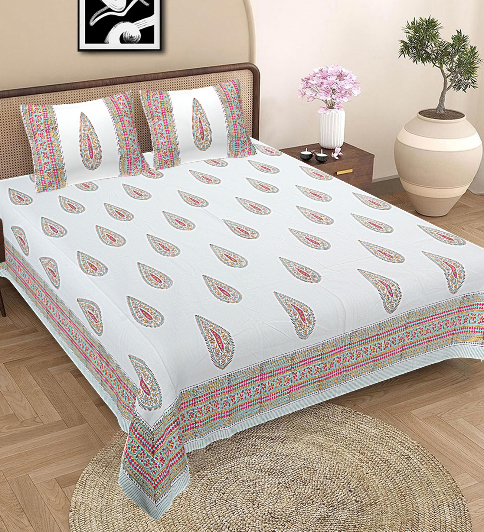 Multicolor Floral 300 TC Cotton Floral Single Sized Bedsheet With 1 Pillow Covers