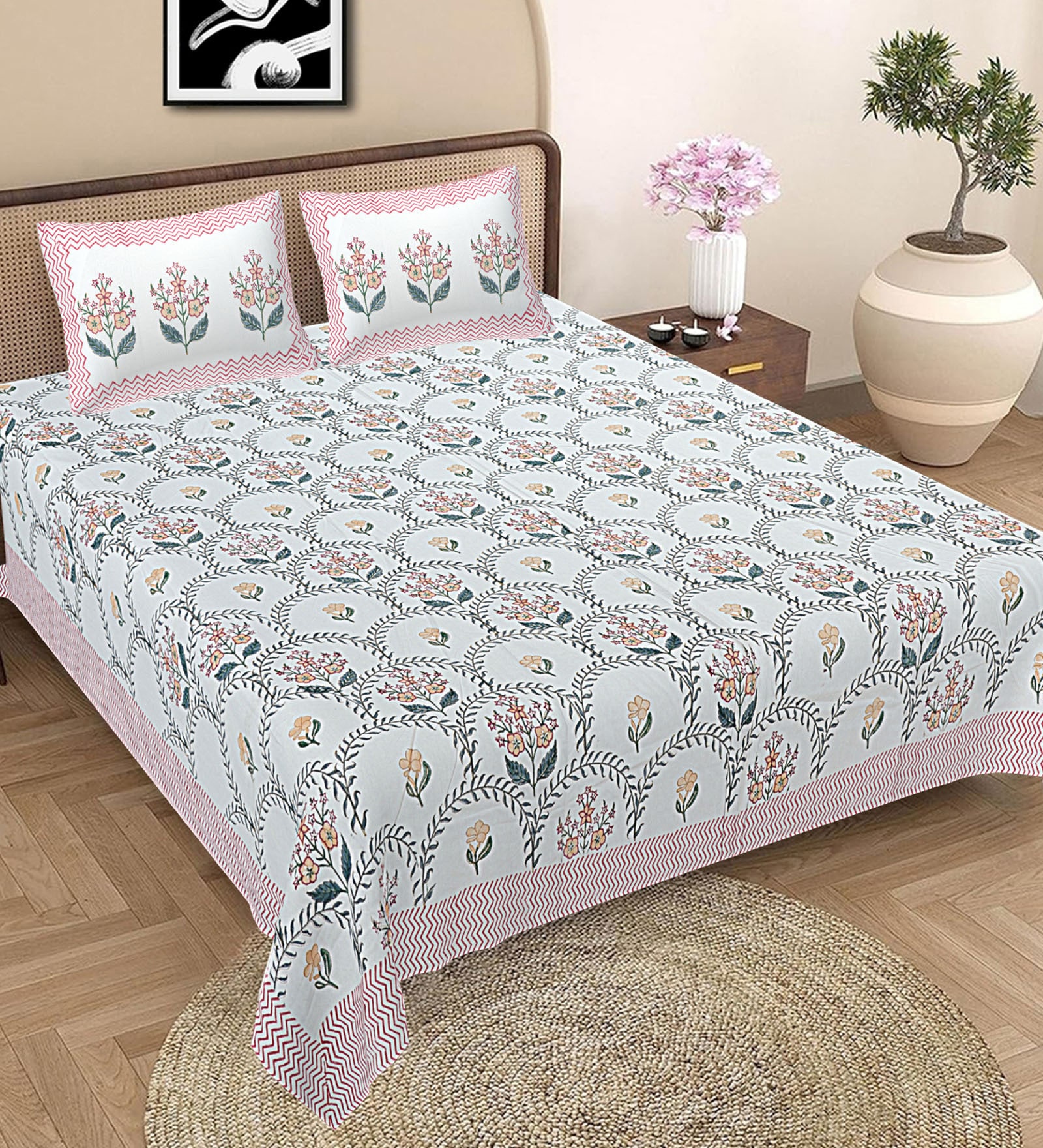 Multicolor Floral 300 TC Cotton King Sized Bedsheet With 2 Pillow Covers