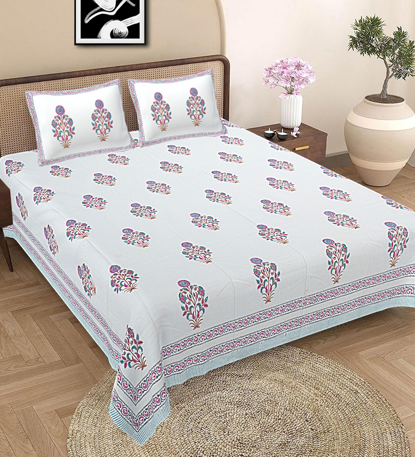 Multicolor Floral 300 TC Cotton Queen Sized Bedsheet With 2 Pillow Covers