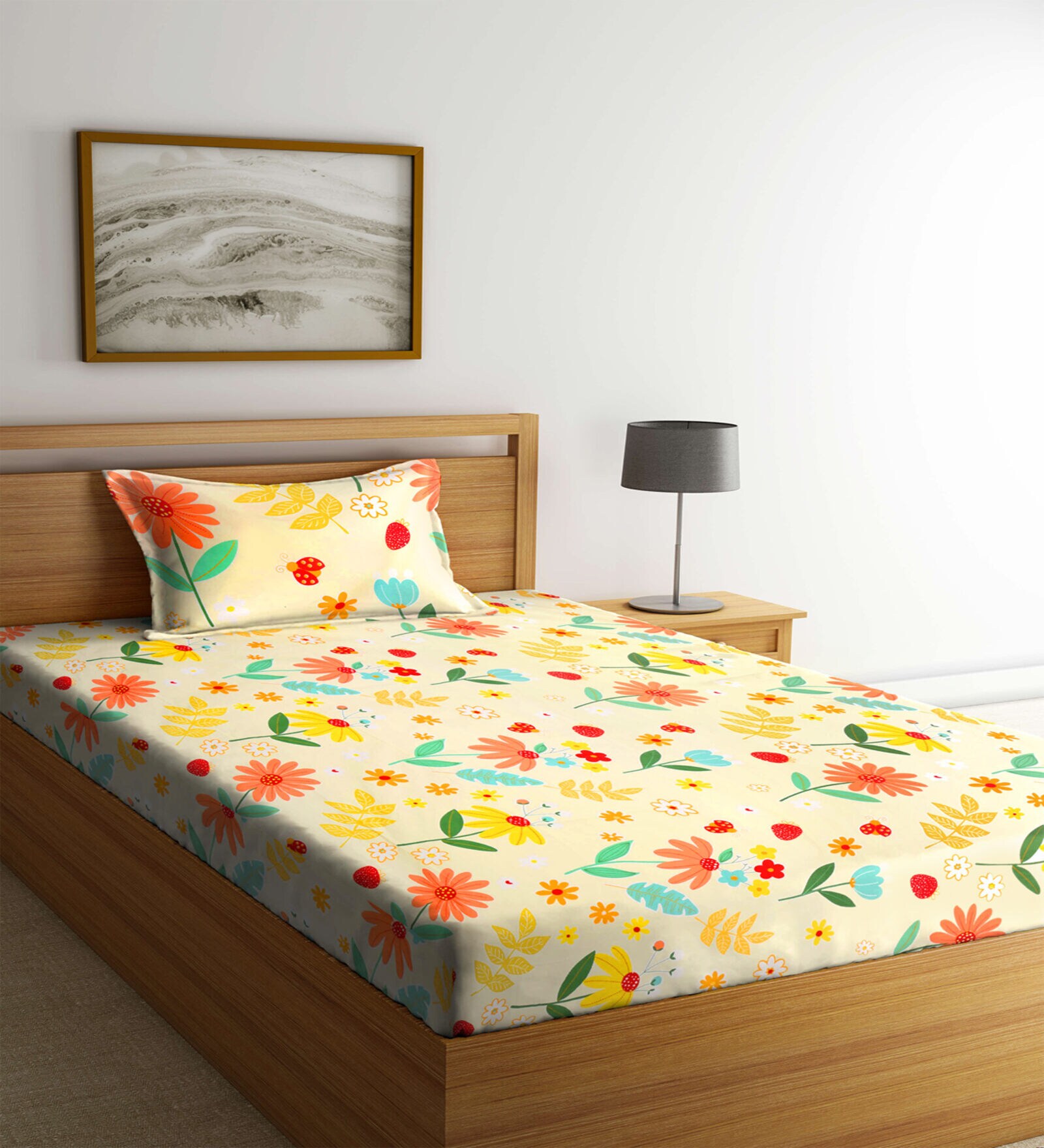 Multicolor Floral 300 TC Cotton Single Bedsheet with 1 Pillow Cover
