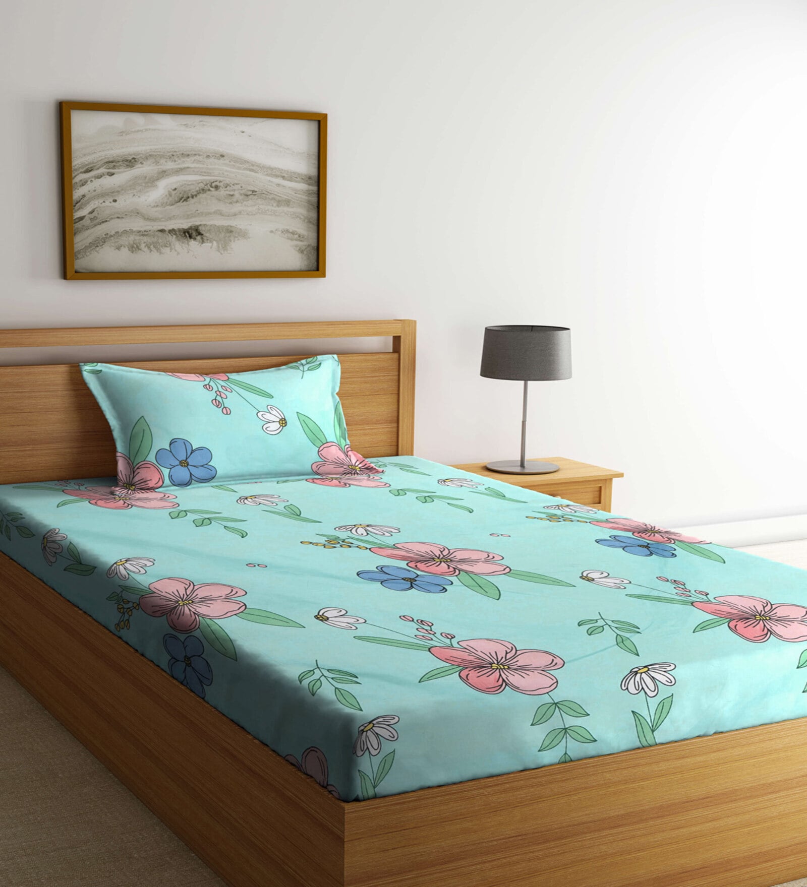 Multicolor Floral 300 TC Cotton Single Bedsheet with 1 Pillow Cover