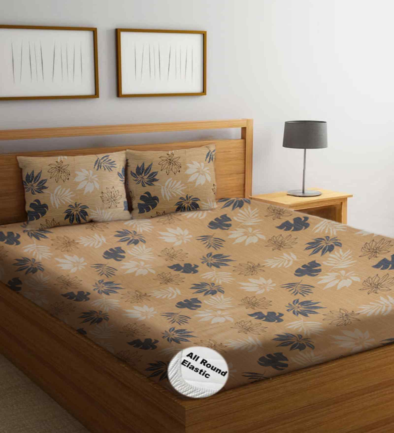 Orange Floral 300 TC Glaze Cotton Fitted Bed Sheet Double Bed with 2 Pillow Covers Essential Collection