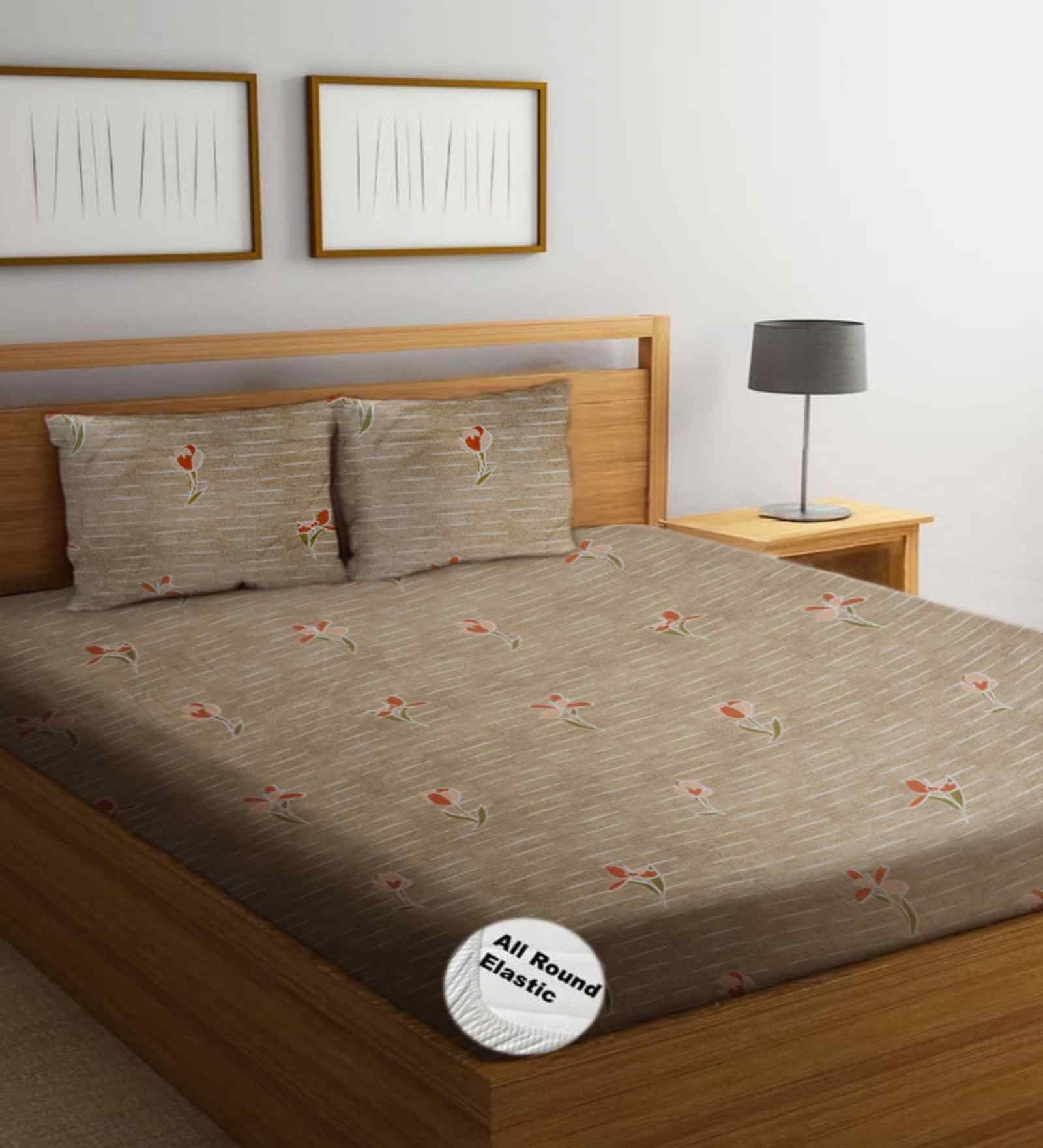 Peach Floral 300 TC Glaze Cotton Fitted Bed Sheet Double Bed with 2 Pillow Covers Essential Collection