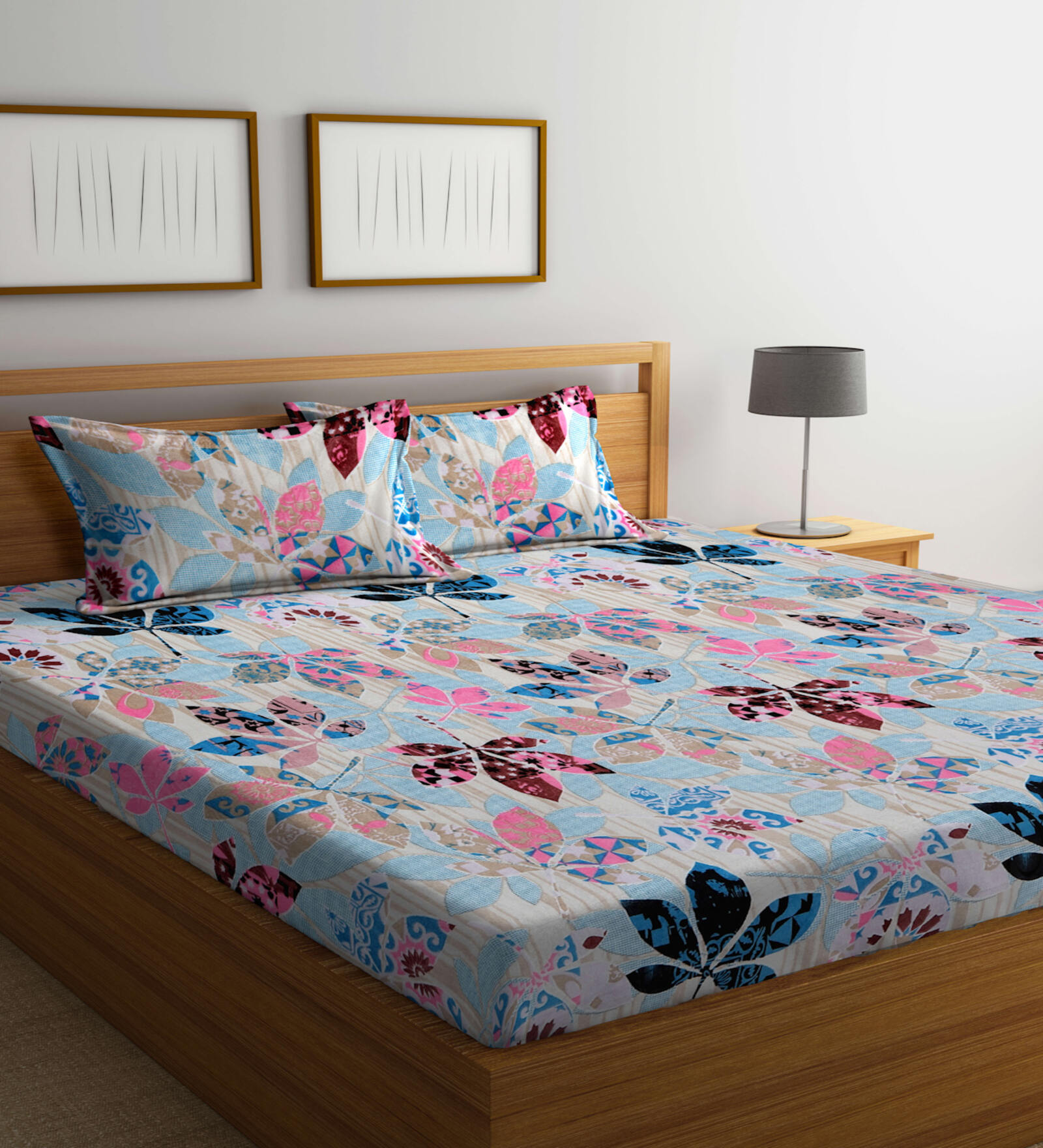 Blue Floral 300 TC Wool Double Queen Woolen Bedsheet with 2 Pillow covers