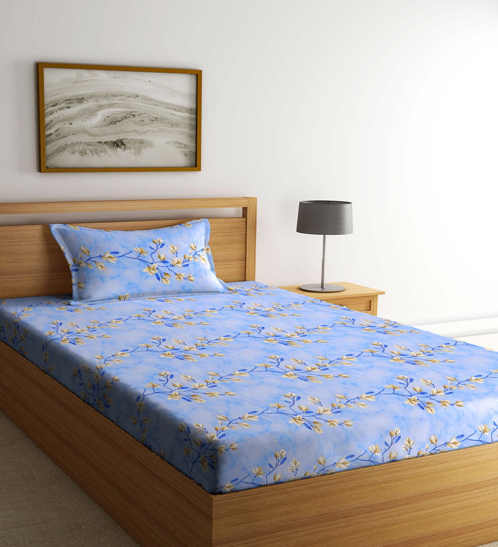 Blue Floral 400 TC Cotton Fitted Single Bedsheet with 1 Pillow Cover