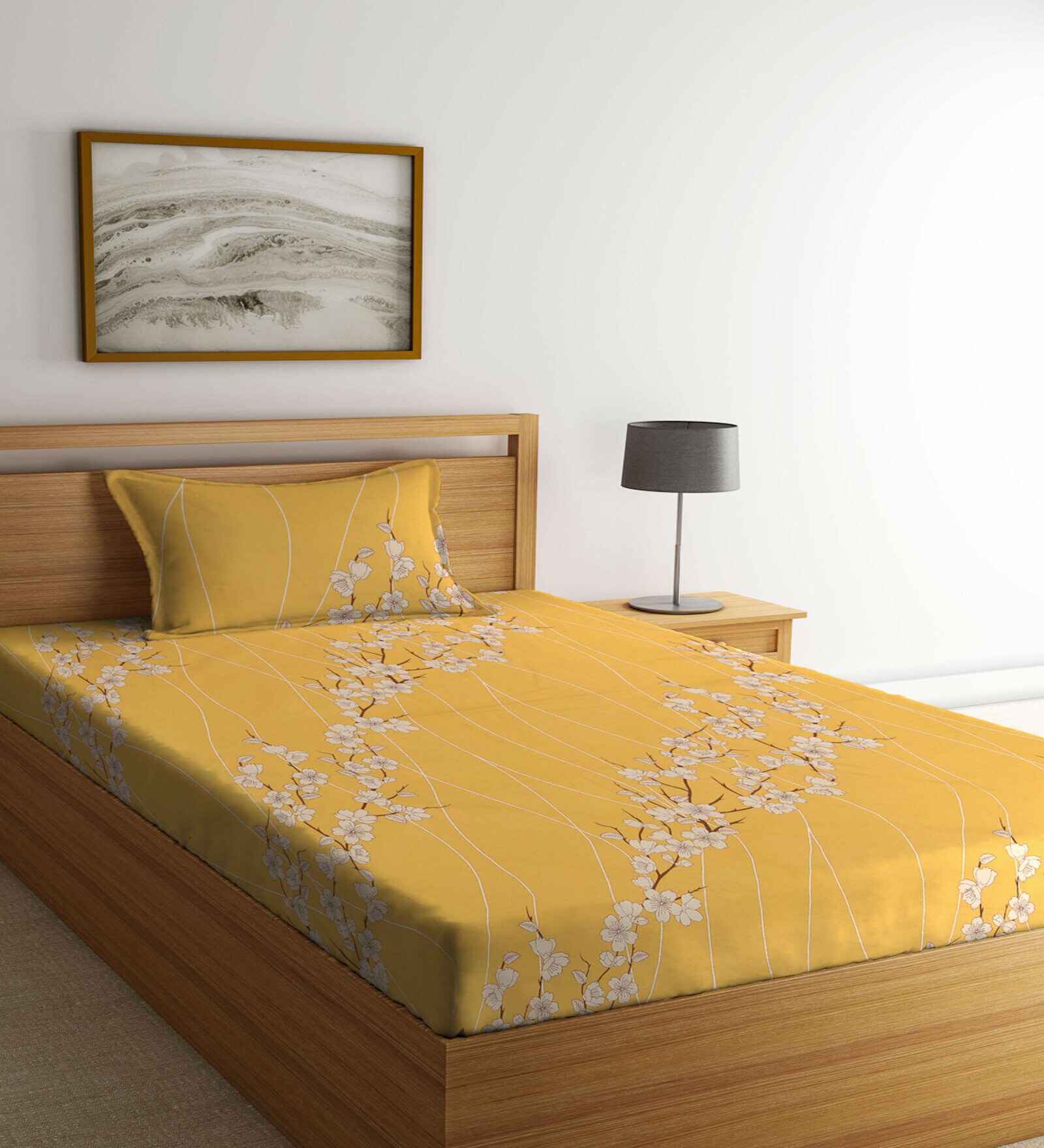 Yellow Floral 400 TC Cotton Fitted Single Bedsheet with 1 Pillow Cover