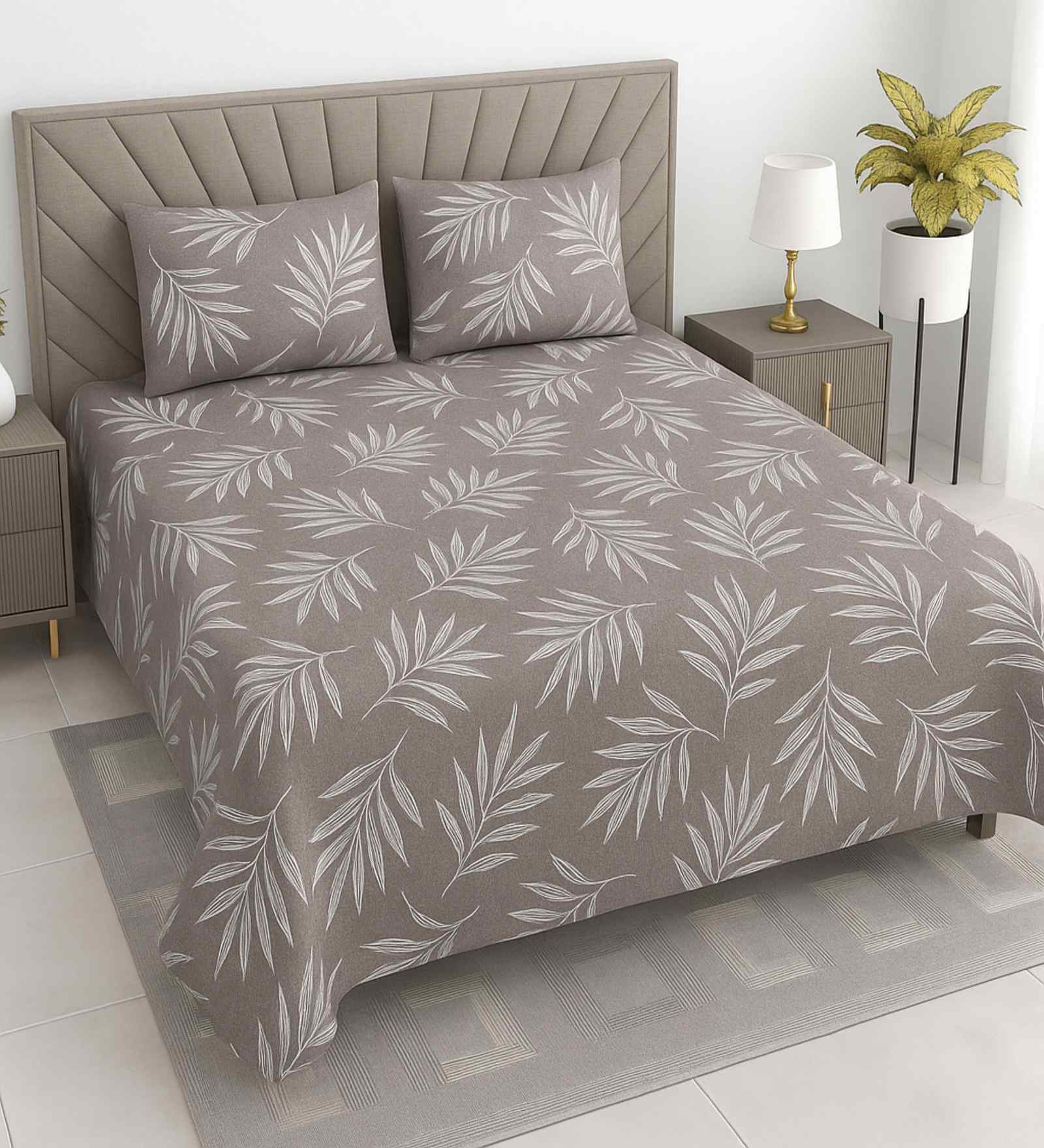 Light Brown Floral 400 TC Cotton Queen Flat Bedsheet with 2 Pillow Covers Essential Collection