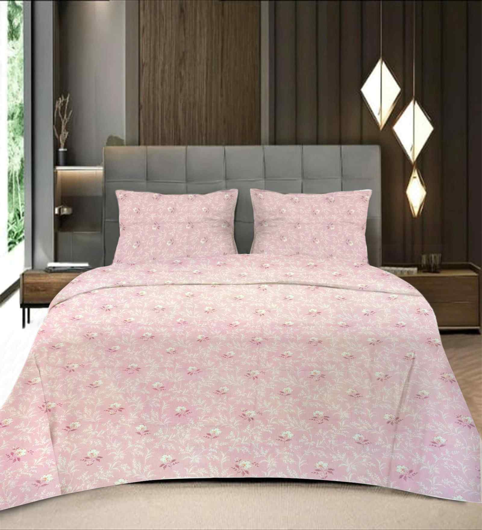 Light Pink Floral 400 TC Cotton Queen Flat Bedsheet with 2 Pillow Covers Essential Collection