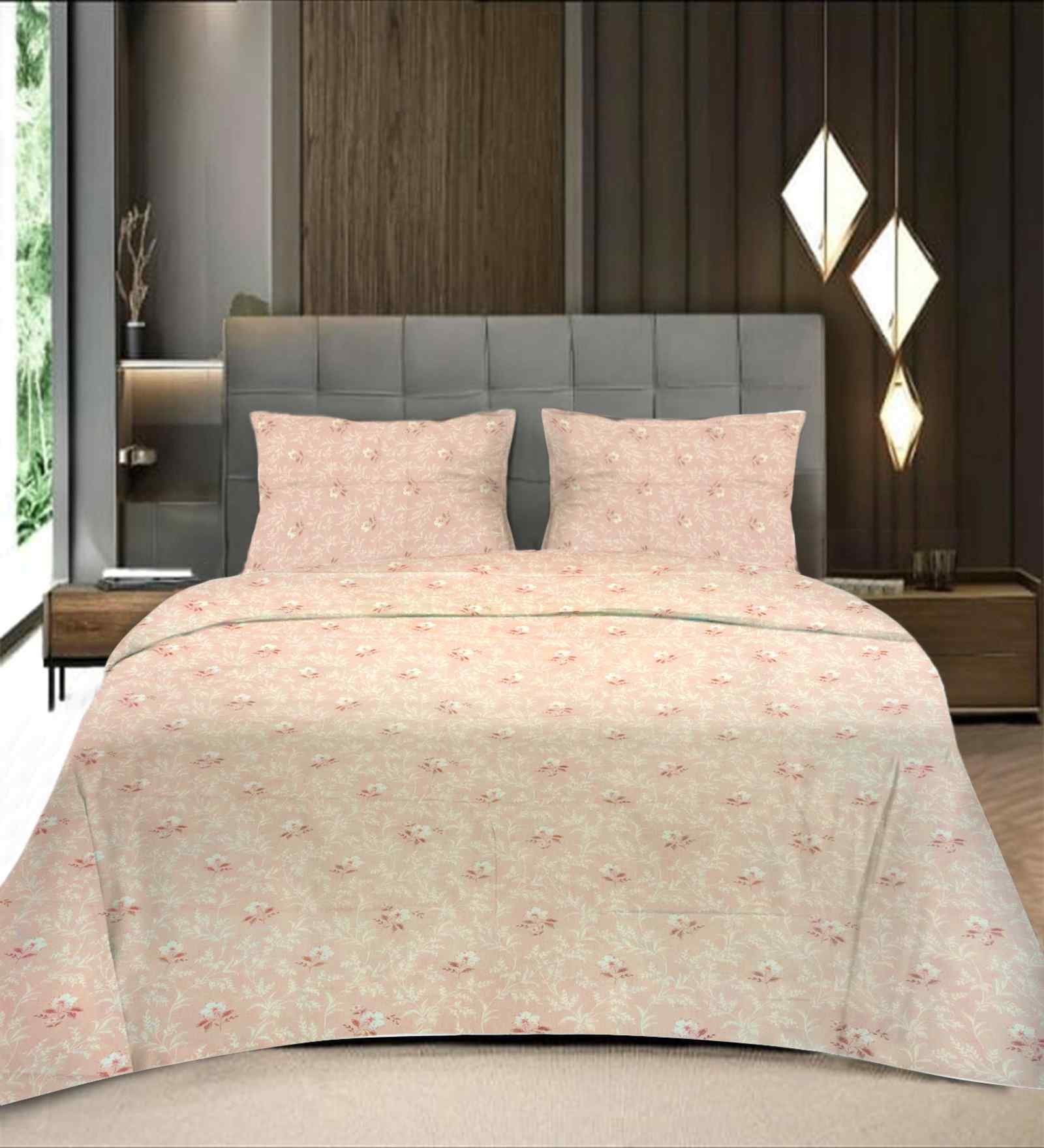 Peach Floral 400 TC Cotton Queen Flat Bedsheet with 2 Pillow Covers Essential Collection