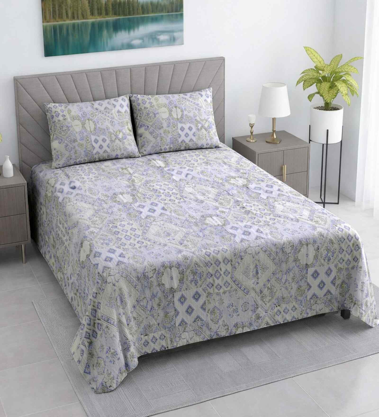 Multicolor Floral 400 TC Cotton Queen Flat Bedsheet with 2 Pillow Covers Essential Collection