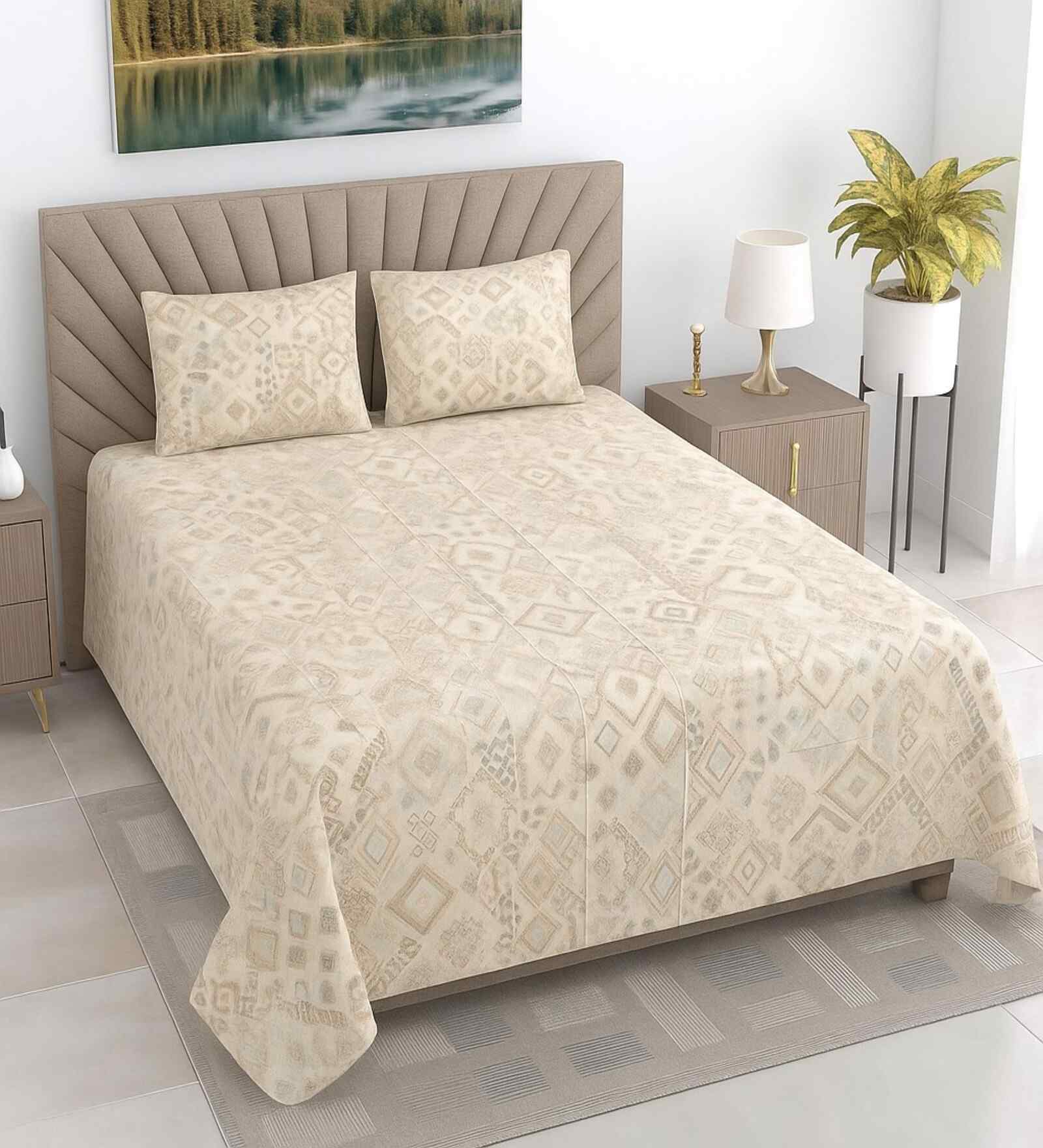 Multicolor Floral 400 TC Cotton Queen Flat Bedsheet with 2 Pillow Covers Essential Collection