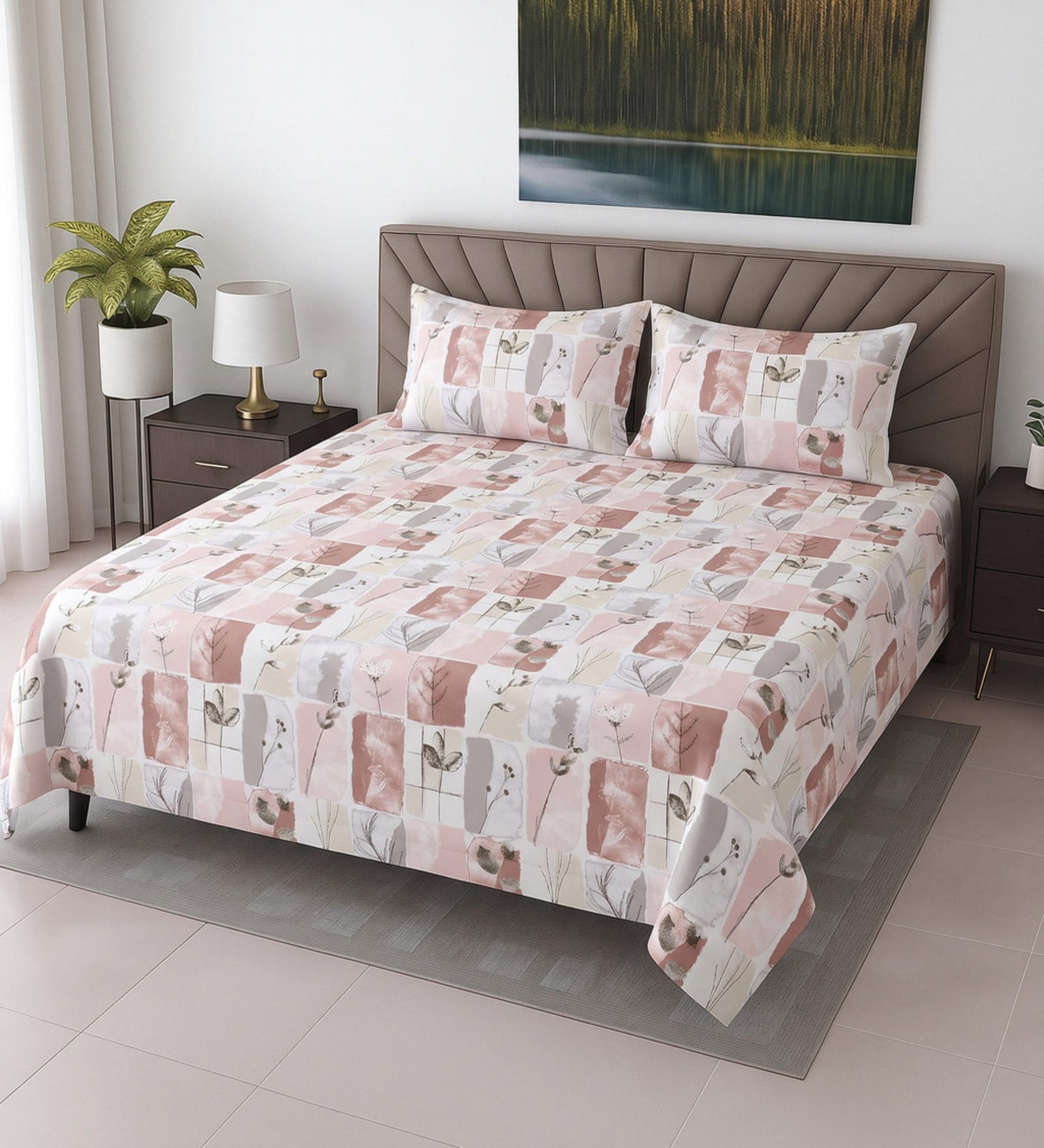 Pink Floral 400 TC Cotton Super King Bedsheet with 2 Pillow Covers Luxury Series Collection