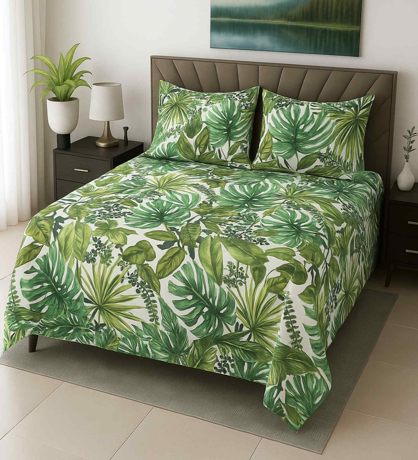 Green Floral 400 TC Cotton Super King Flat Bedsheet with 2 Pillow Covers Essential Collection