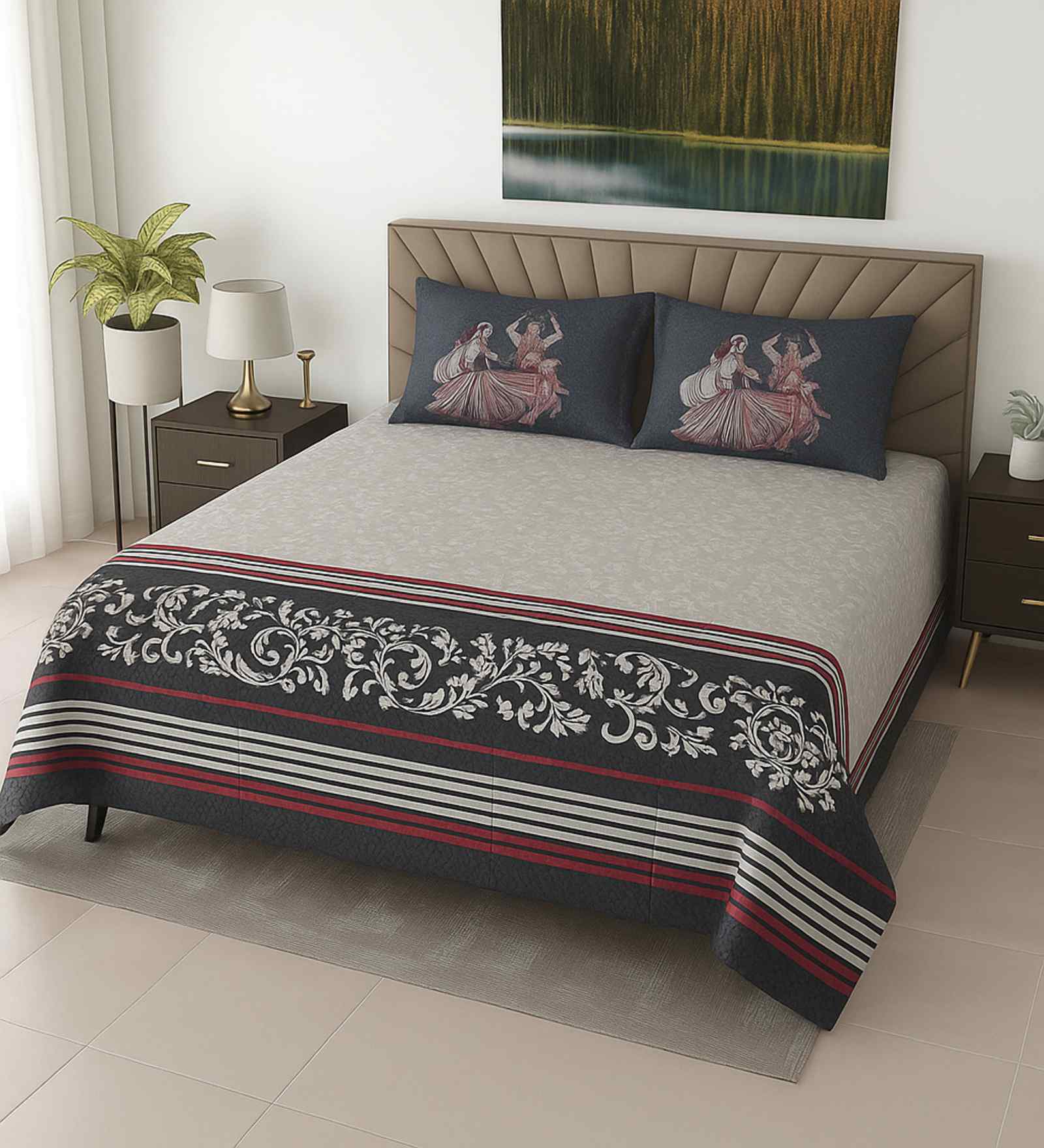 Multicolor Floral 400 TC Cotton Super King Size Bedsheet with 2 Pilllow covers Essential Series Collection