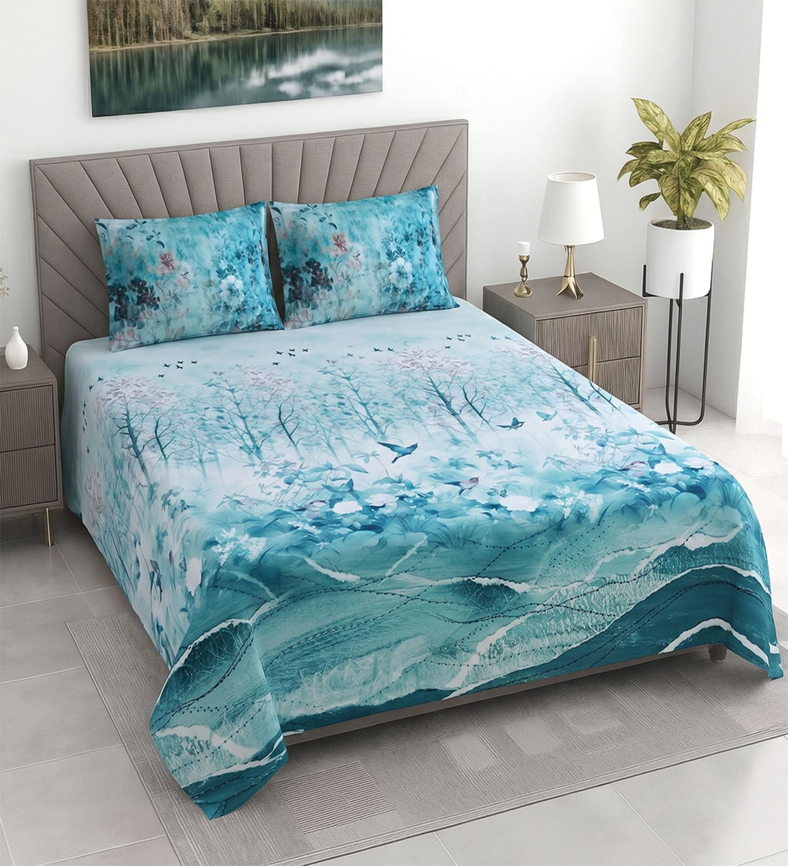 Blue Floral 400 TC Cotton Superking Size Bedsheet With 2 Pillow Covers Threads Digital Collection