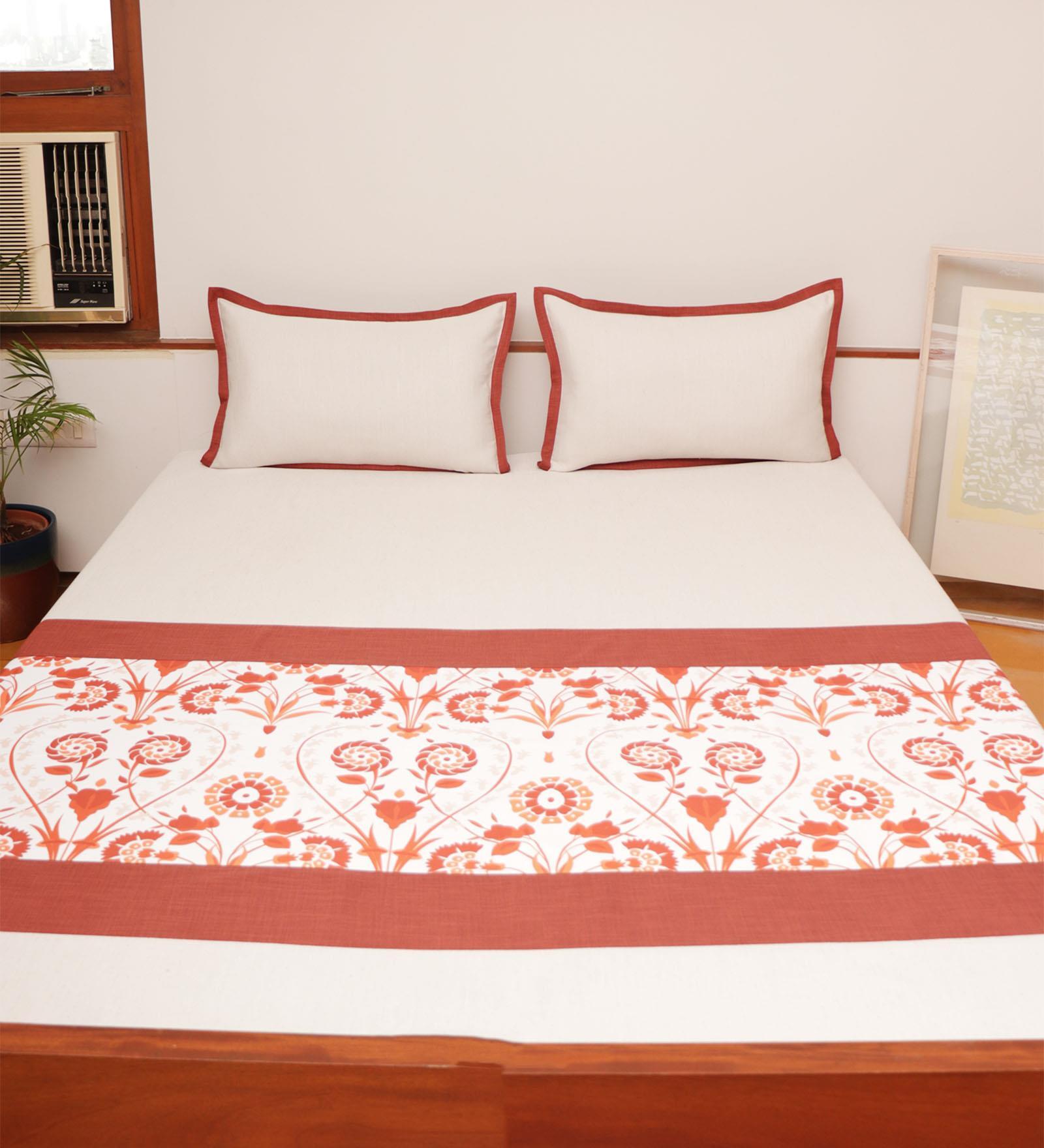 Orange & White Floral 800 GSM Cotton 3 Pieces Bedding Set