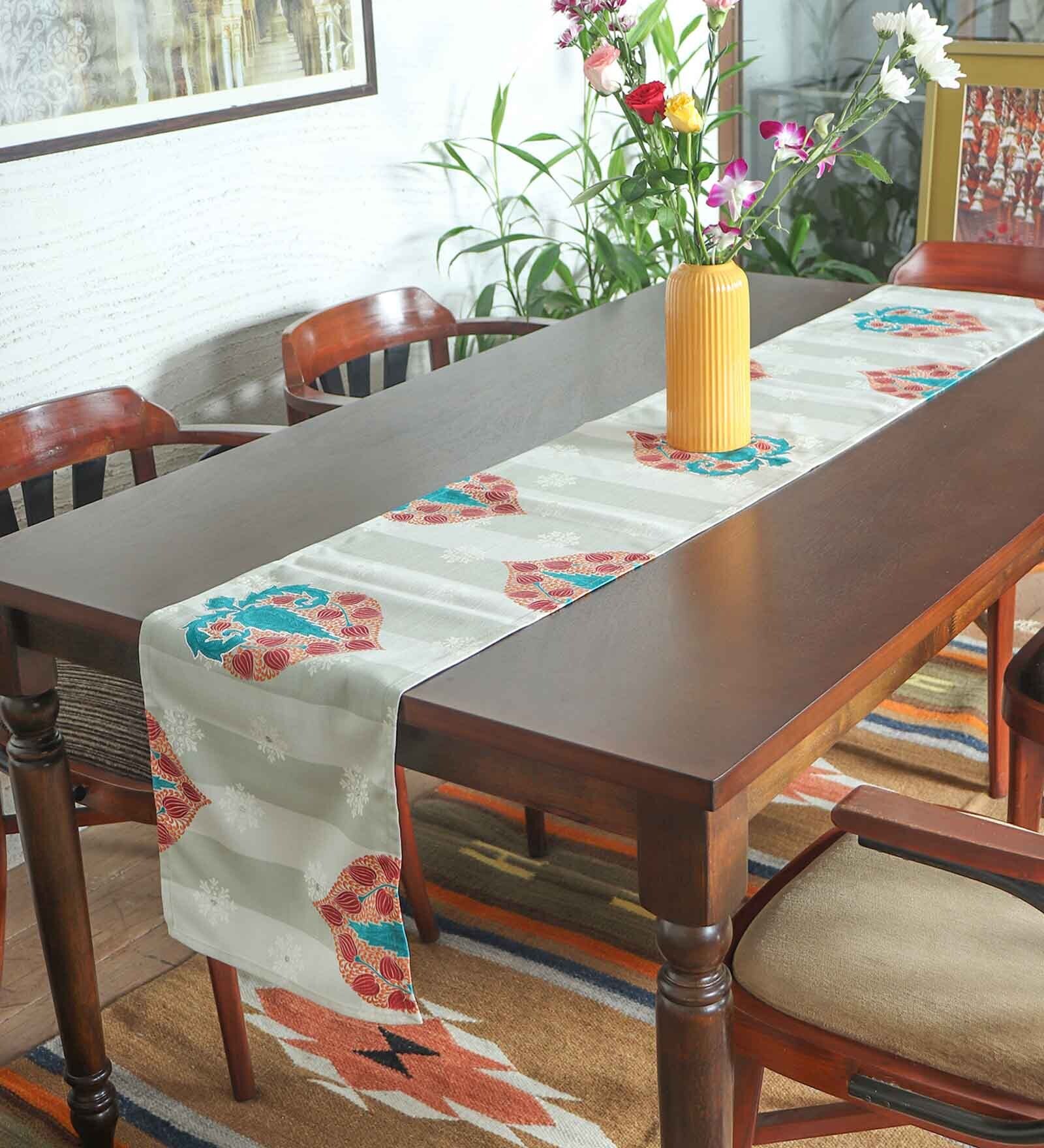 Multicolor Floral Polycanvas (12 x84) Hand Embroidery and Tassels Table Runner