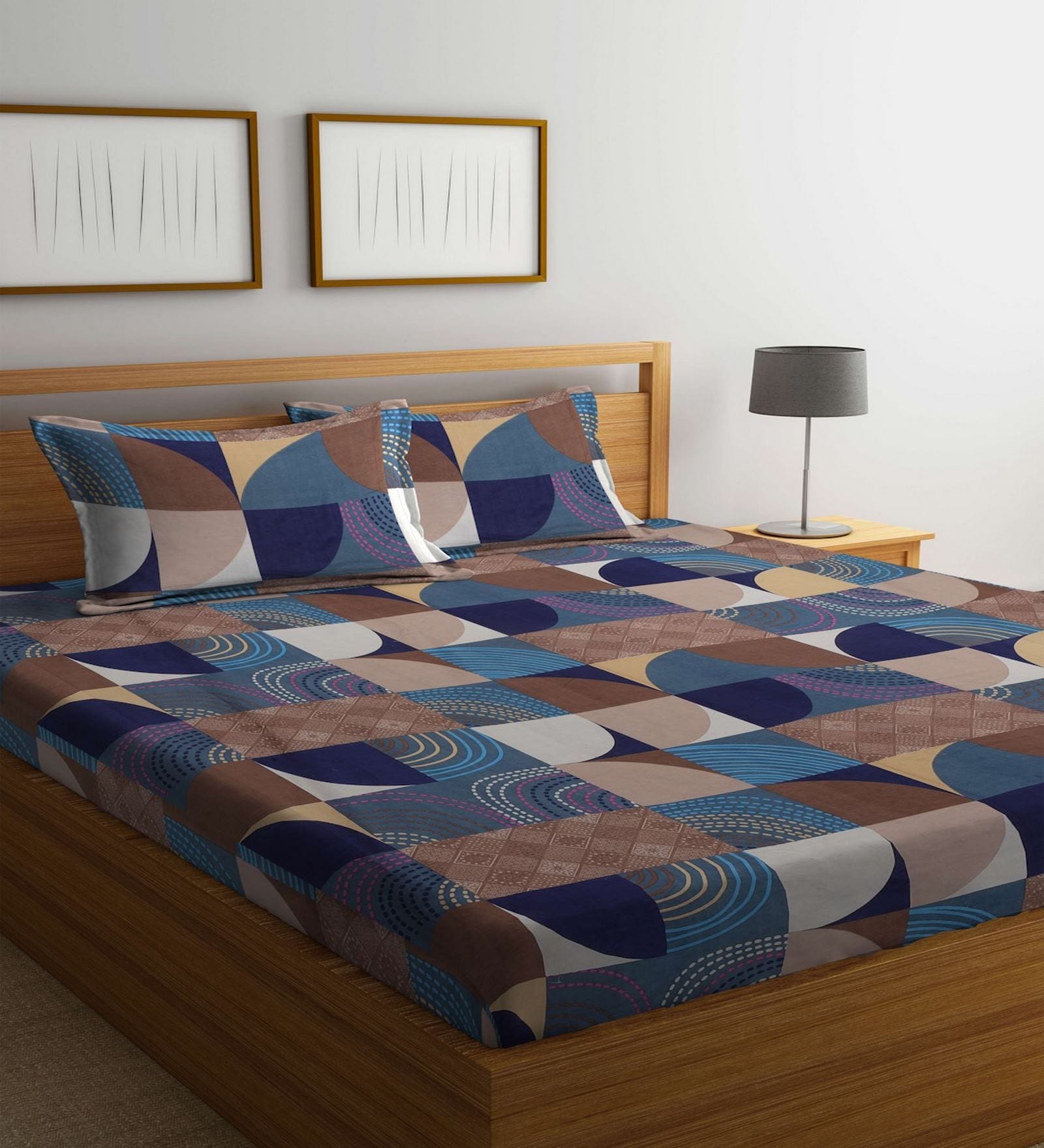 Multicolor Geometric 180 TC Poly Cotton Double Bedsheet With 2 Pillow Cover