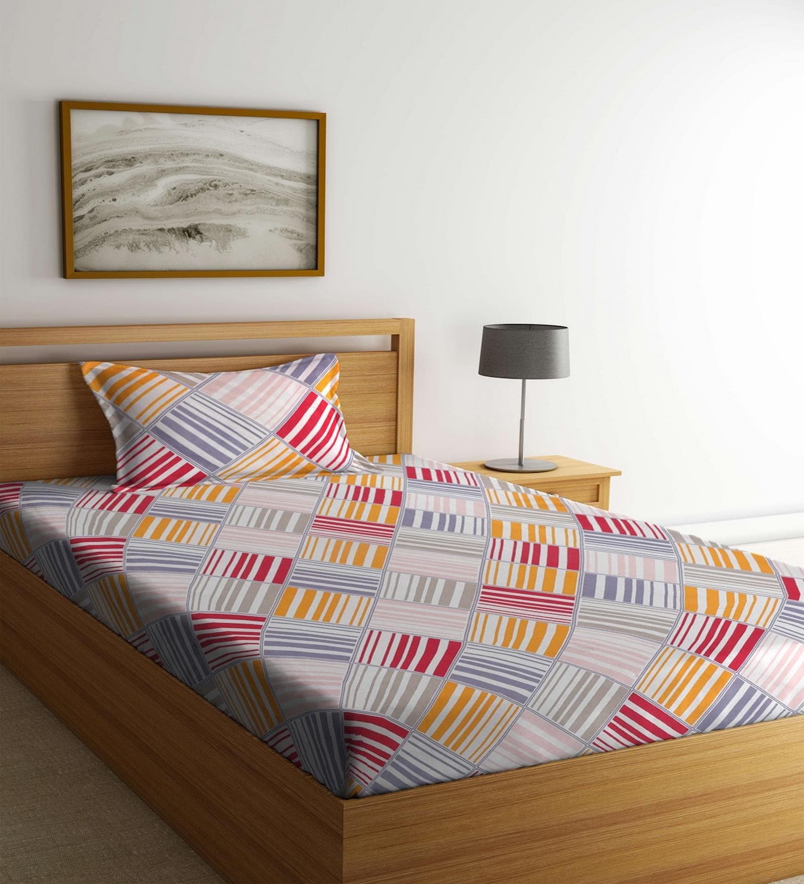 Multicolor Geometric 180 TC Poly Cotton Single Bedsheet with 1 Pillow Cover