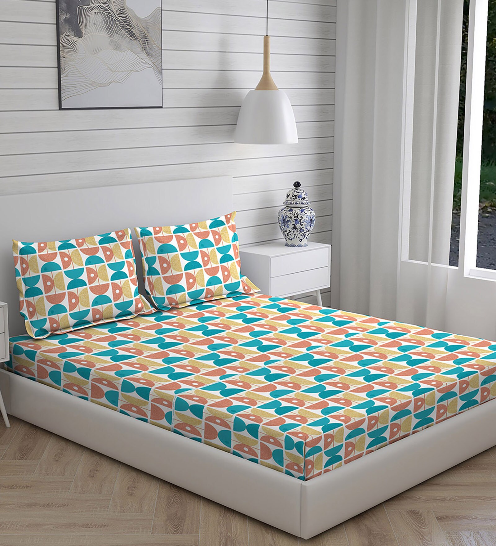 Multicolor Geometric 225 TC Cotton Queen Sized Bed Sheets with 2 Pillow Covers