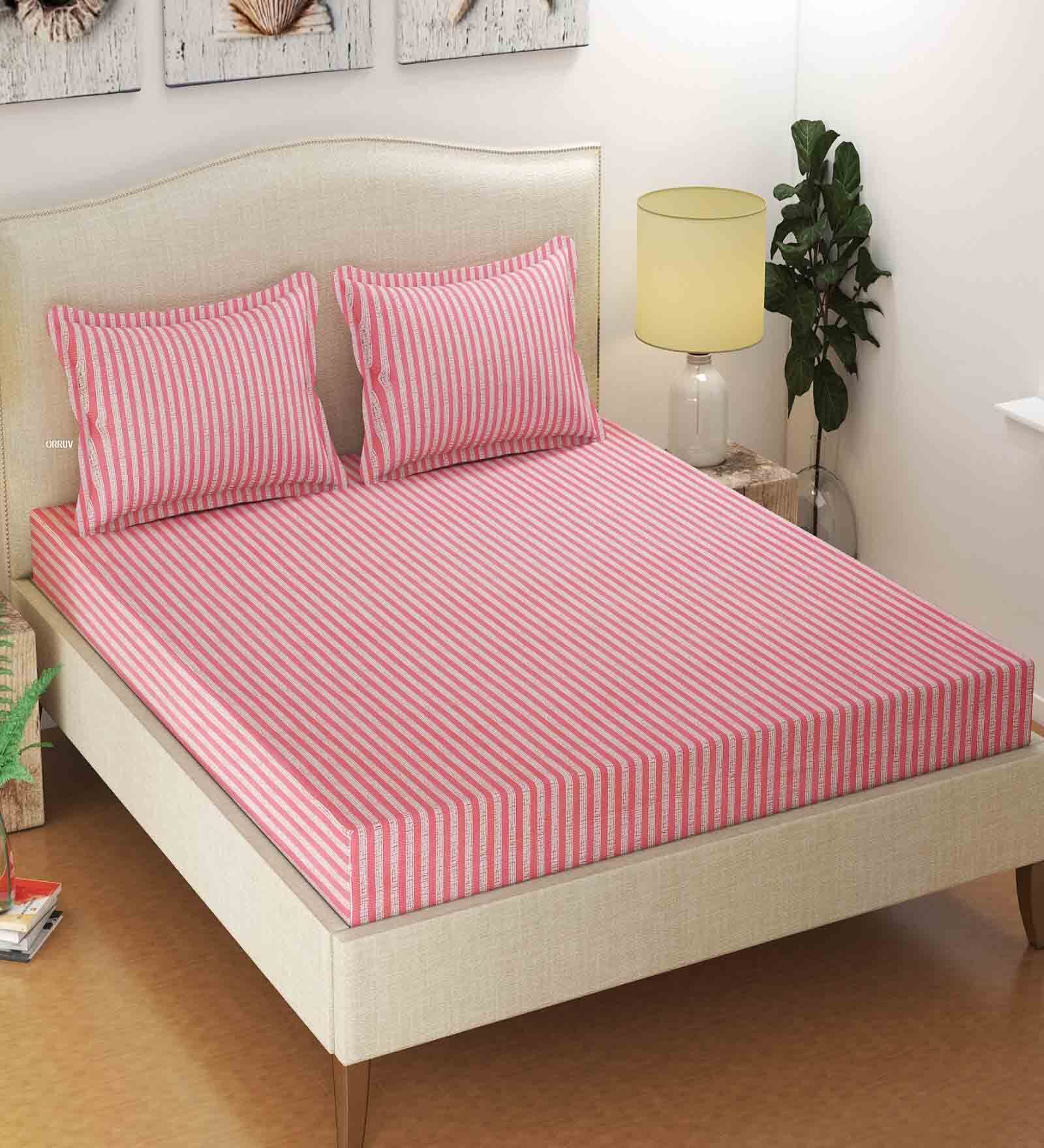 Pink Striped 250 TC Poly Cotton Fitted King Size Bedsheet with 2 Pillow Covers