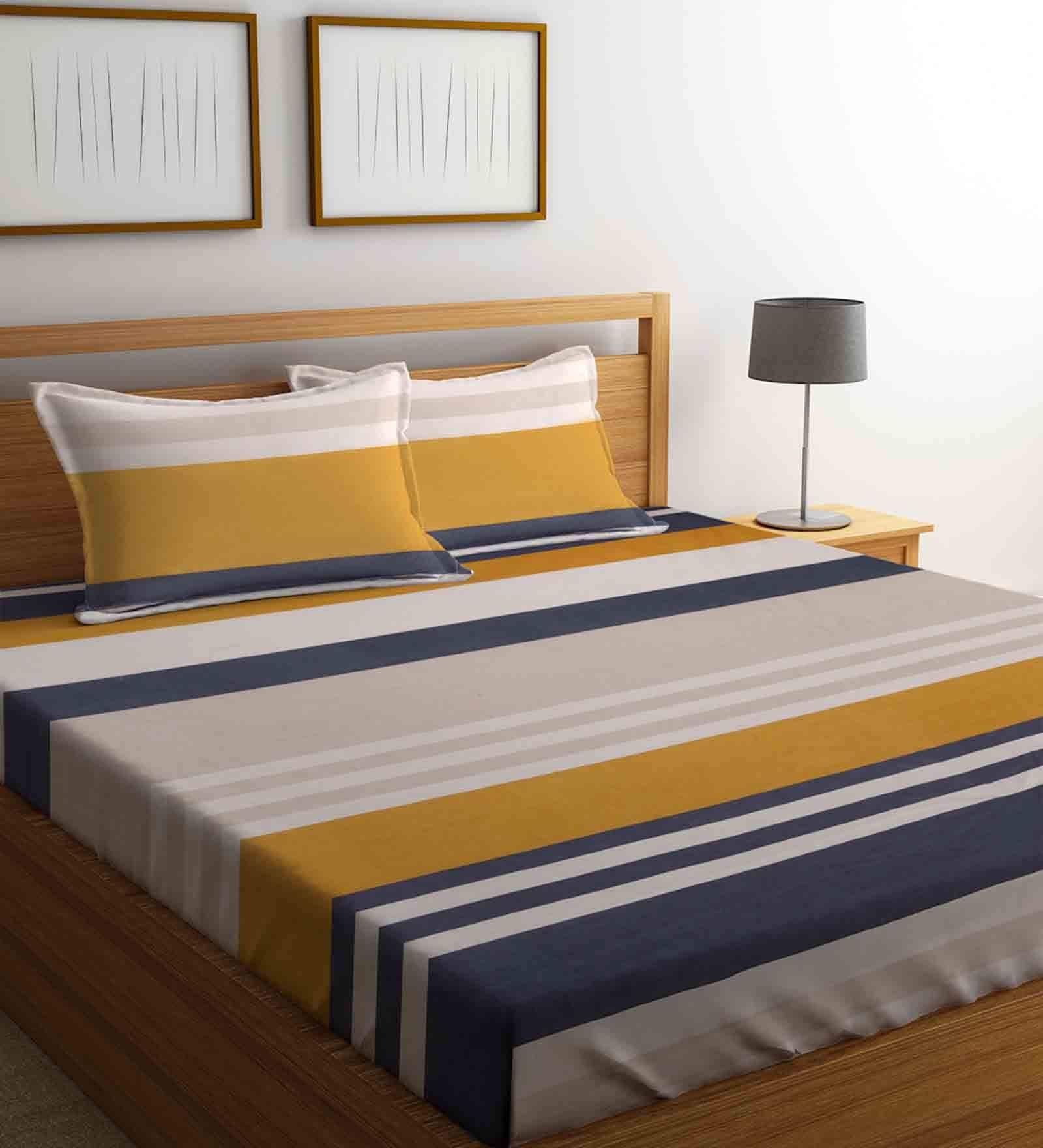 Multicolor Striped 280 TC Cotton Blend King Sized Bed Sheets with 2 Pillow Covers