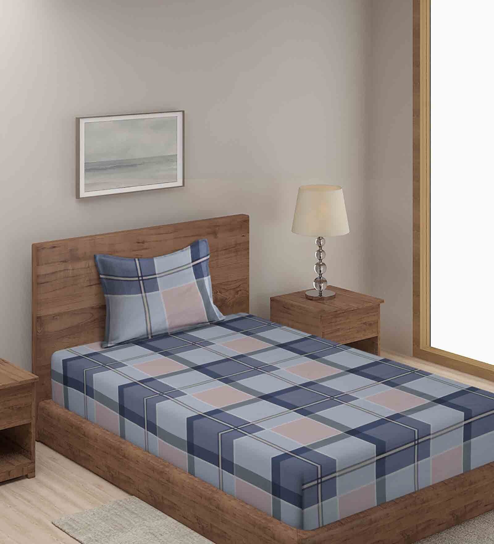 Buy Blue Checkered 280 TC Cotton Blend Single Bed Sized Bed Sheets With ...