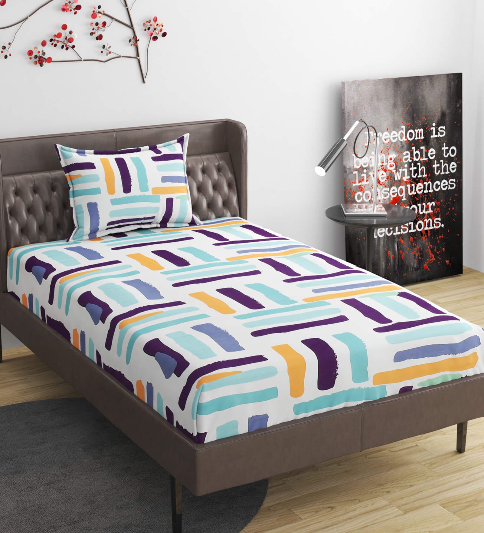 Multicolor Geometric 280 TC Microfibre Fitted Single Bedsheet 1 Pillow Cover