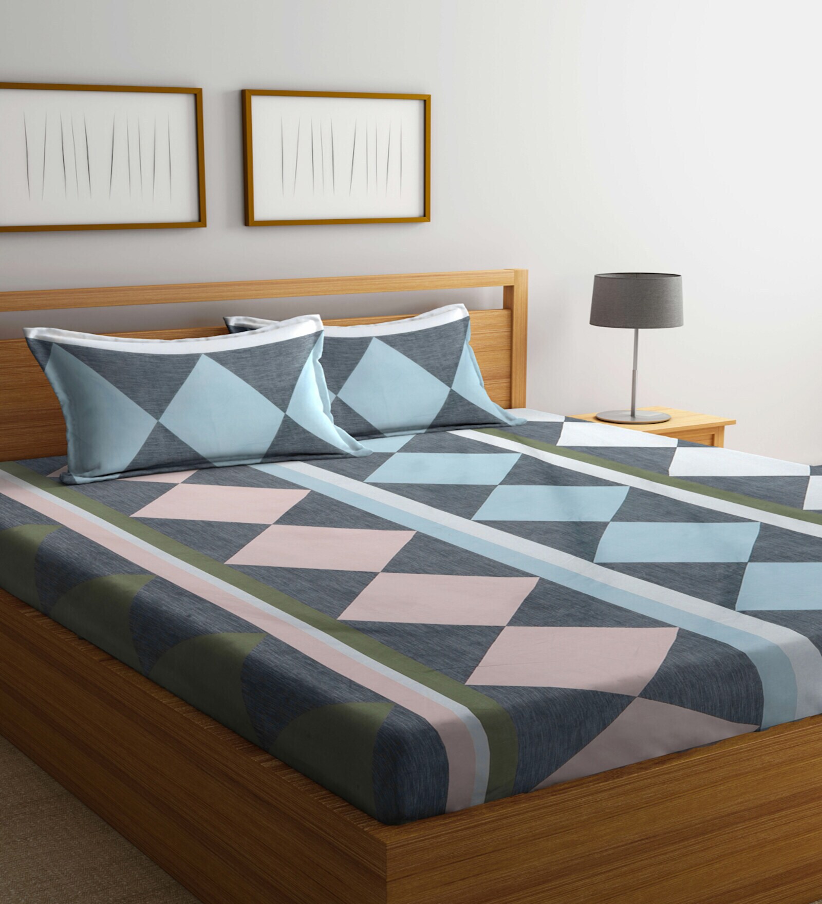 Multicolor Geometric 300 TC Cotton Blend Double Bedsheet with 2 Pillow covers