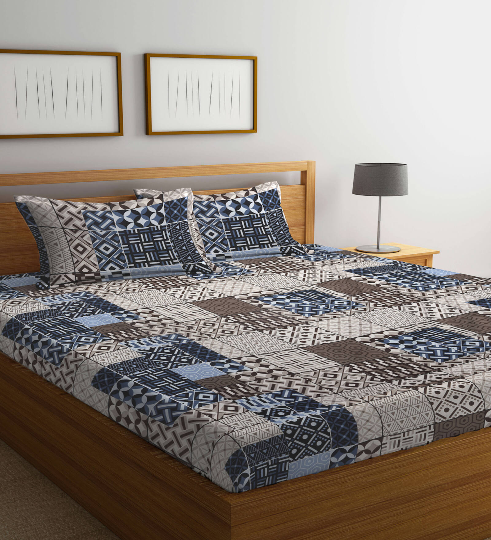 Multicolor Geometric 300 TC Cotton Blend Double Bedsheet with 2 Pillow covers