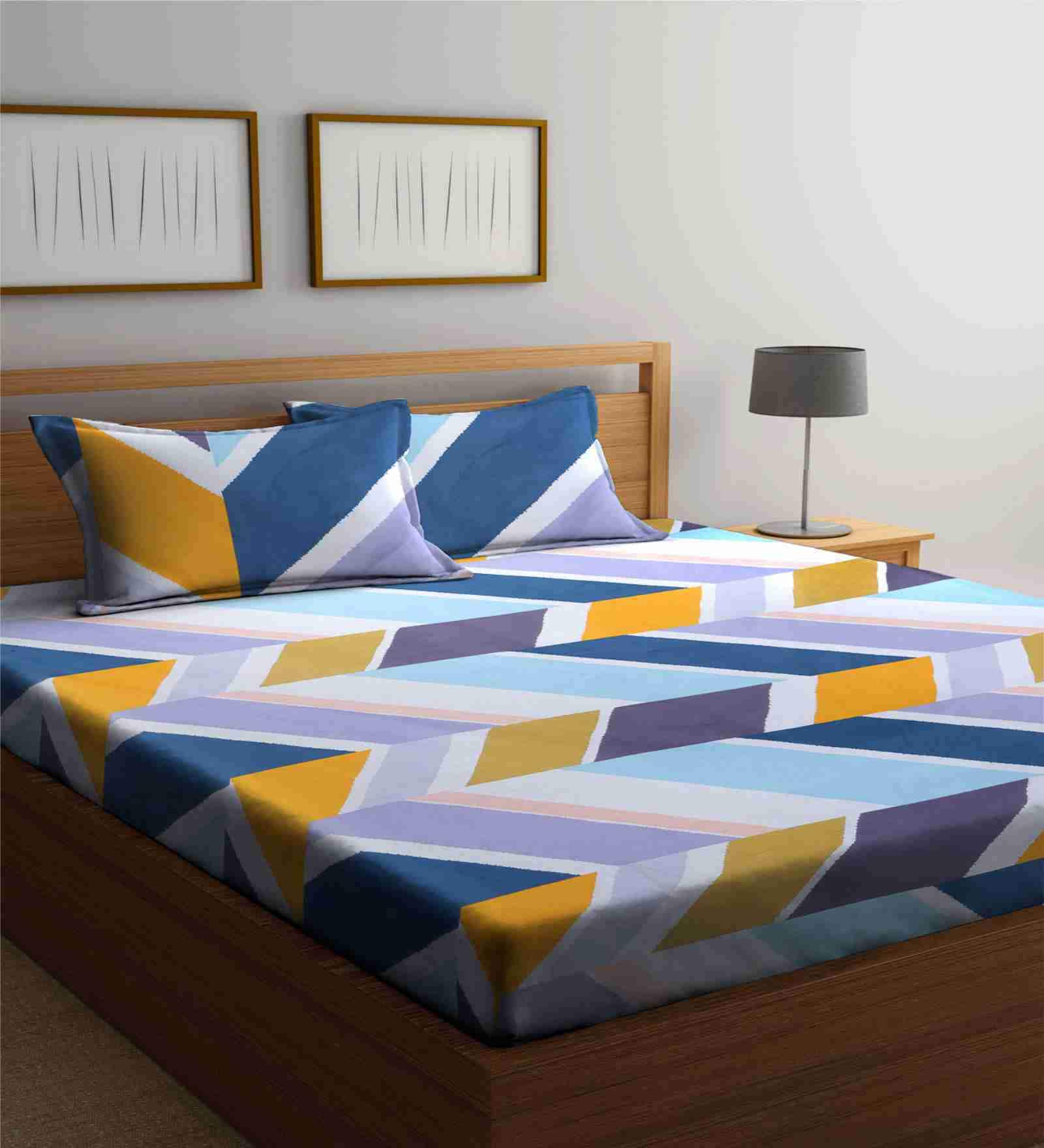 Multicolor Abstract 300 TC Cotton Blend King Sized Bed Sheets with 2 Pillow Covers