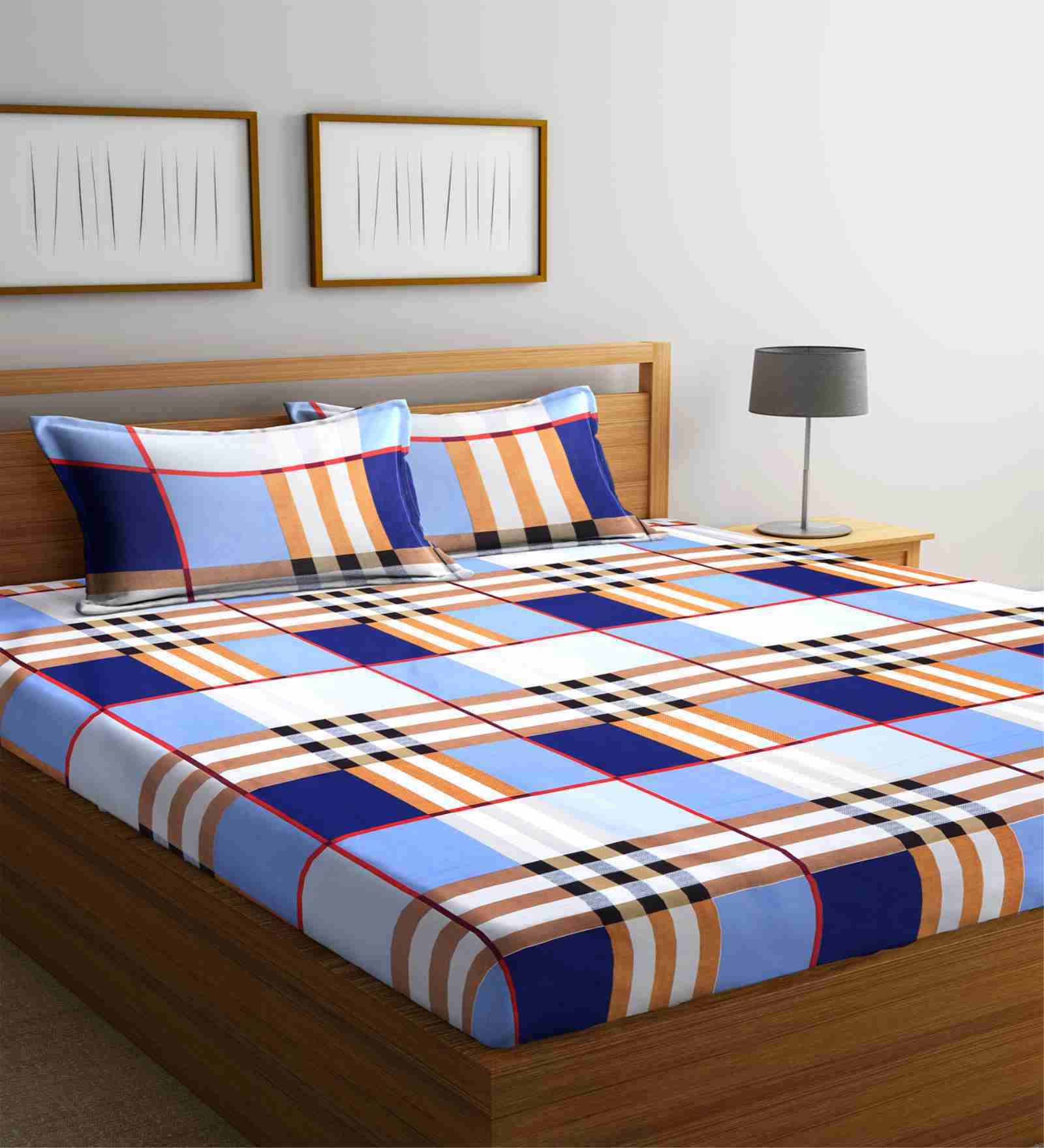 Multicolor Checkered 300 TC Cotton Blend King Sized Bed Sheets with 2 Pillow Covers