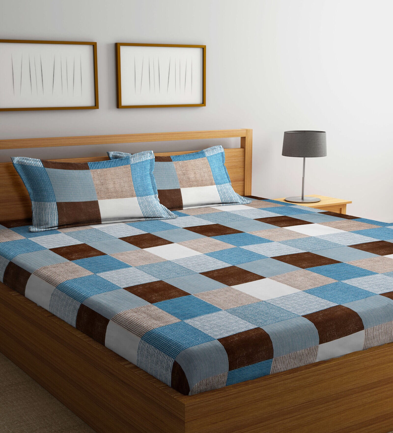 Multicolor Checkered 300 TC Cotton Blend Double Queen Bedsheet With 2 Pillow Covers