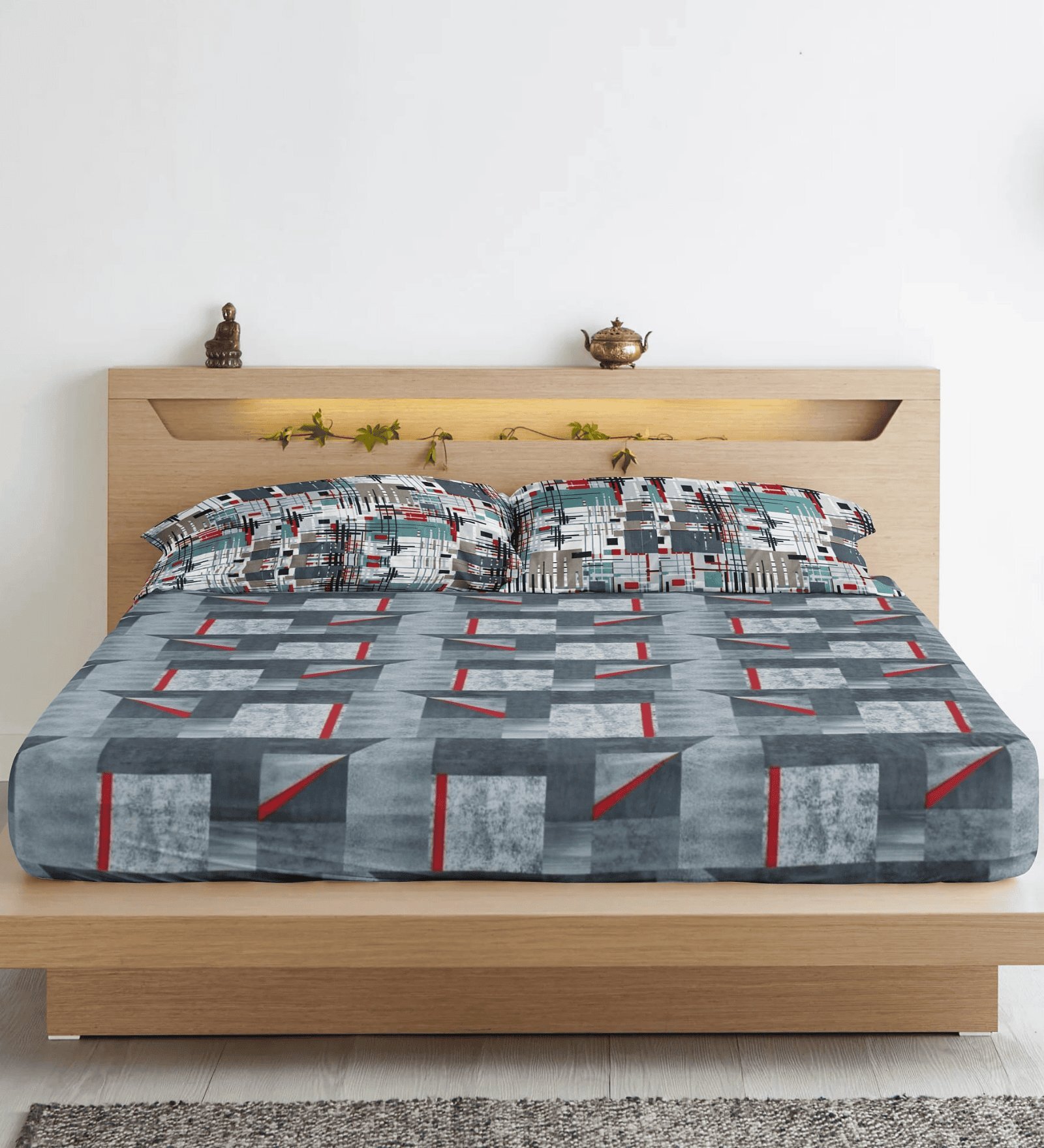 Multicolor Geometric 300 TC Cotton Blend King Sized Bedsheet With 2 Pillow Covers
