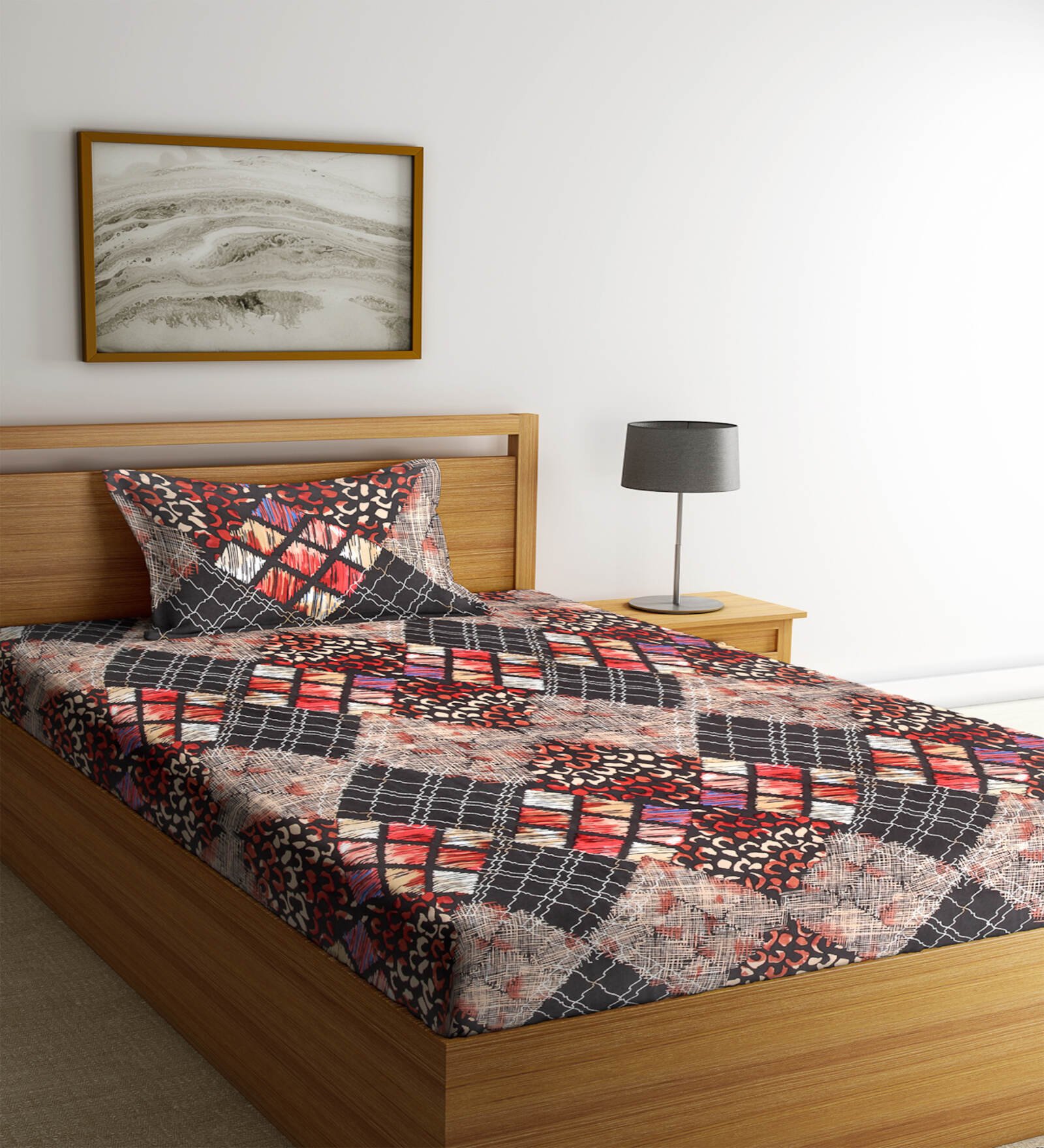 Multicolor Geometric 300 TC Cotton Blend Single Bedsheet with 1 Pillow Cover