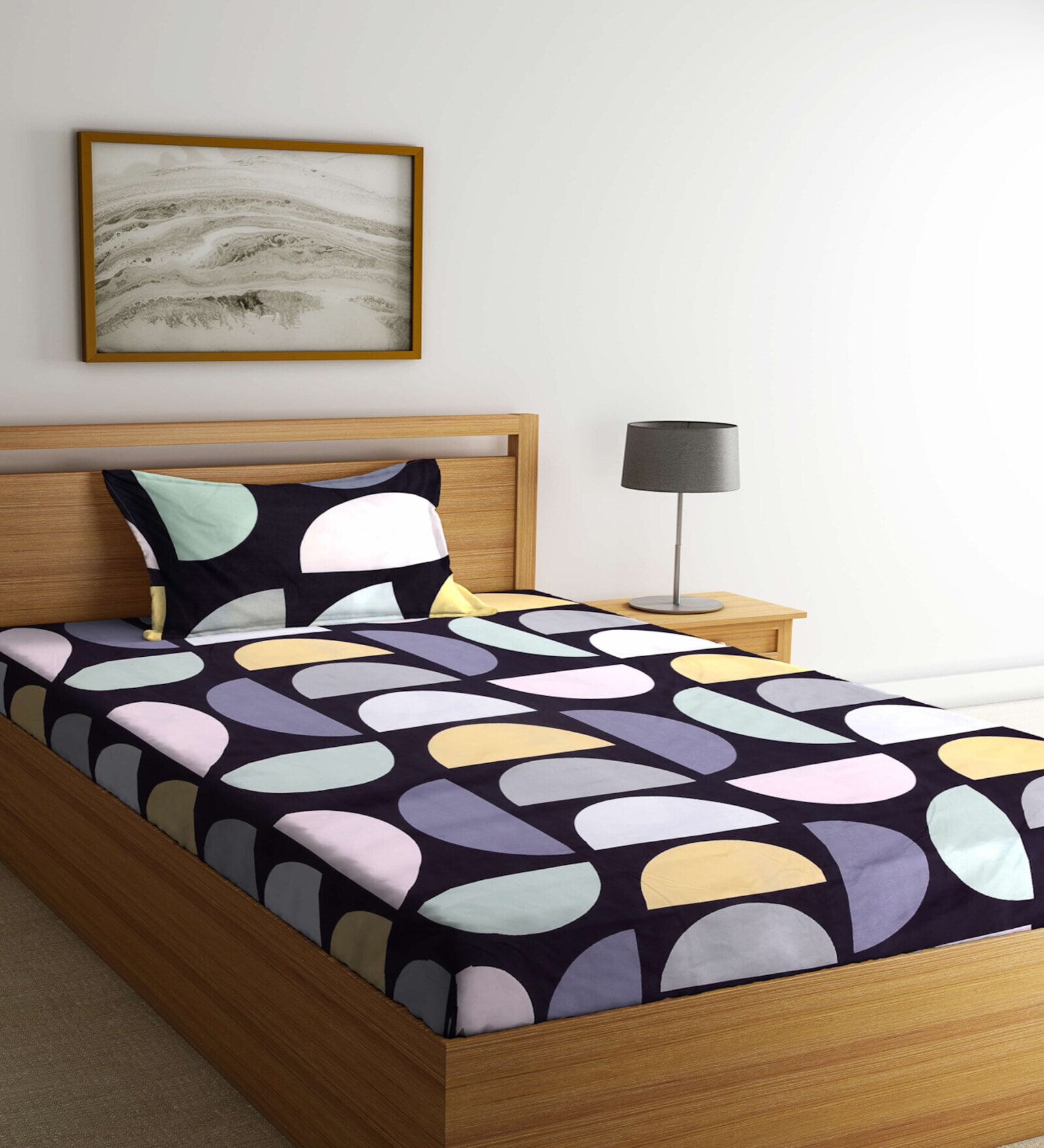Multicolor Geometric 300 TC Cotton Blend Single Bedsheet with 1 Pillow Cover