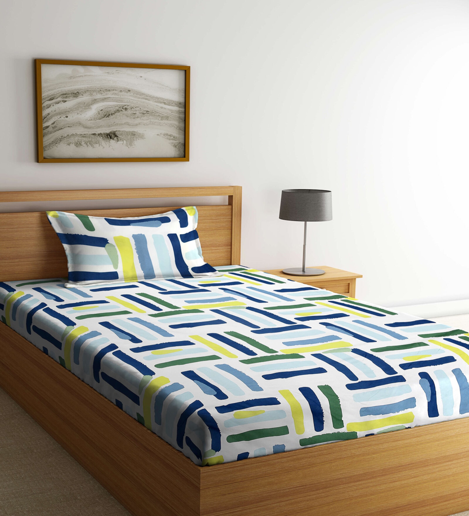 Multicolor Geometric 300 TC Cotton Blend Single Bedsheet with 1 Pillow Cover