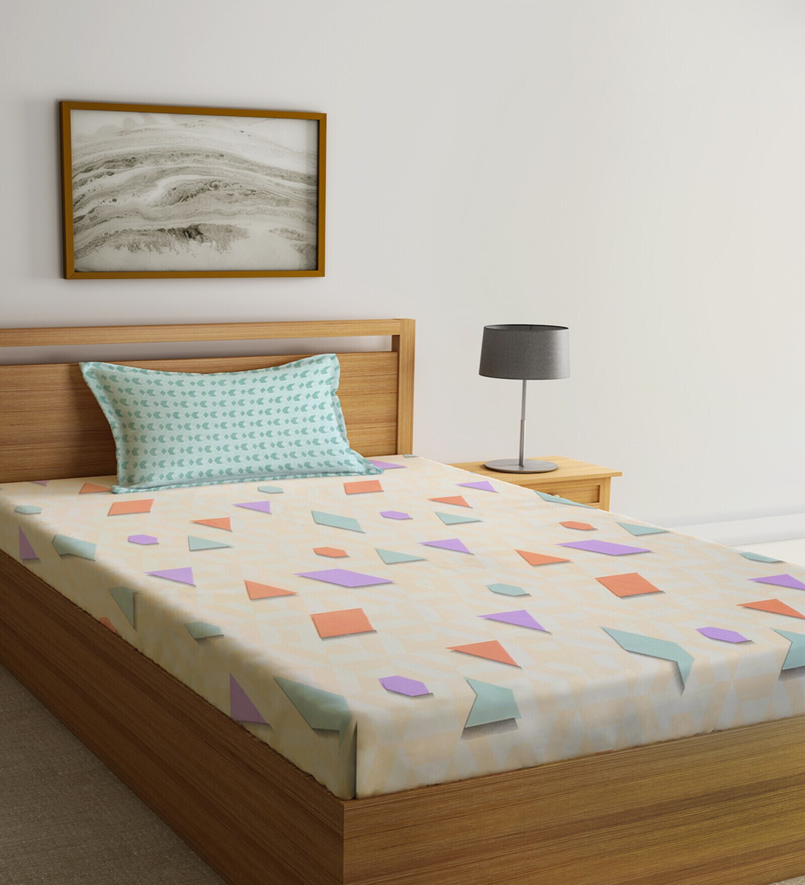 Multicolor Geometric 300 TC Cotton Fitted Single Bedsheet with 1 Pillow Cover
