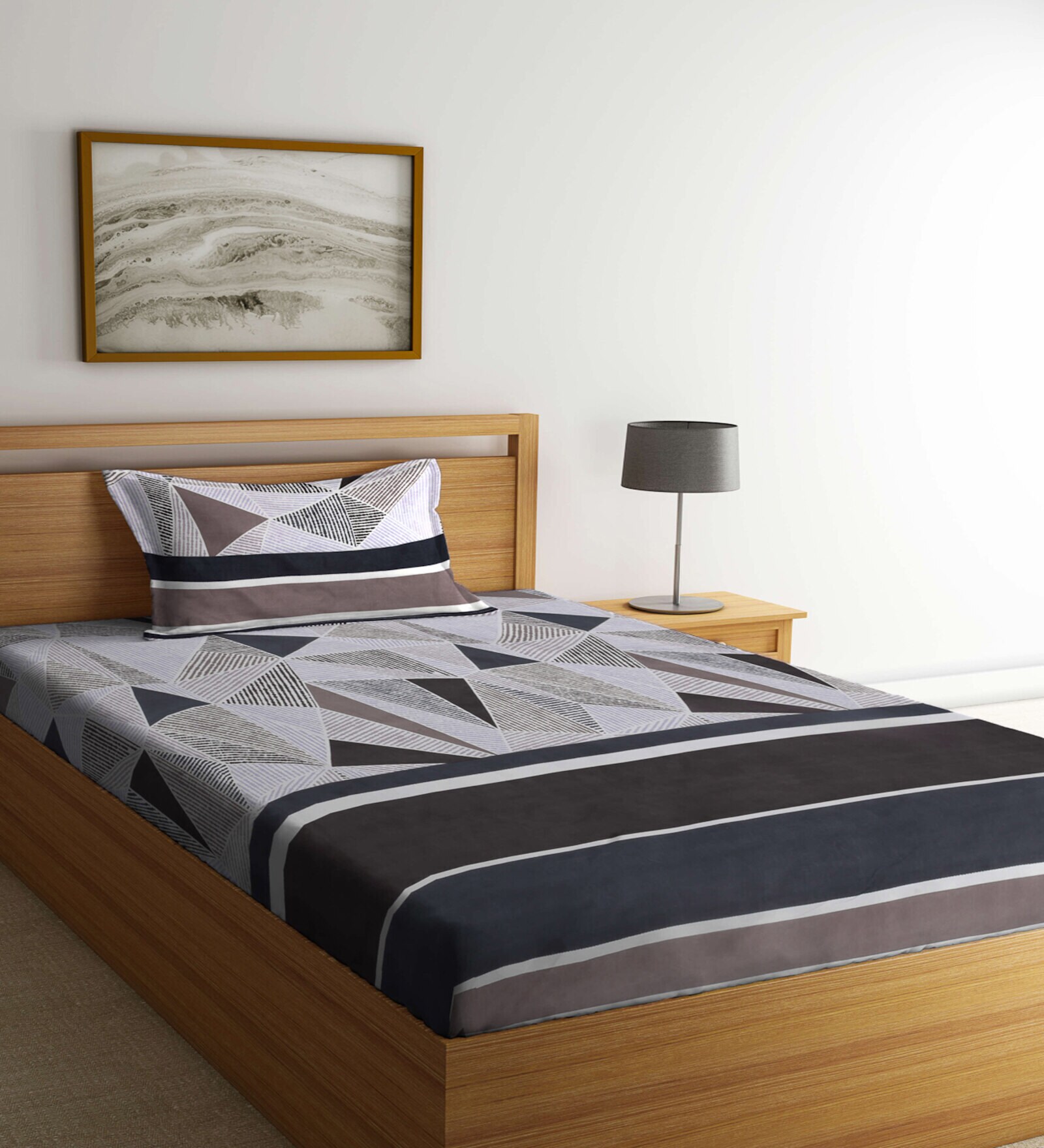 Multicolor Geometric 300 TC Cotton Fitted Single Bedsheet with 1 Pillow Cover