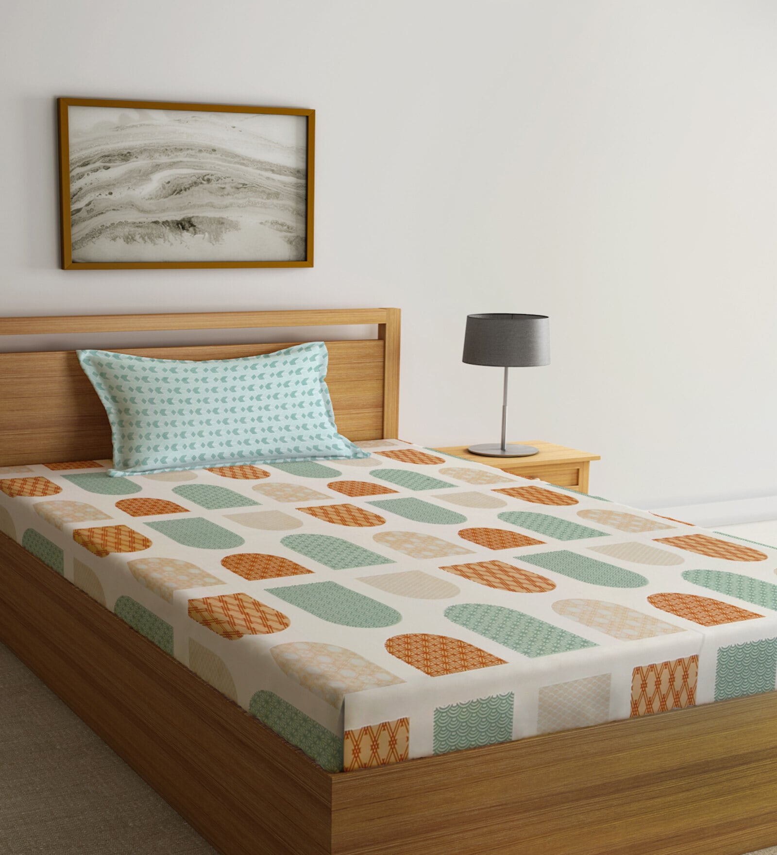 Multicolor Geometric 300 TC Cotton Fitted Single Bedsheet with 1 Pillow Cover