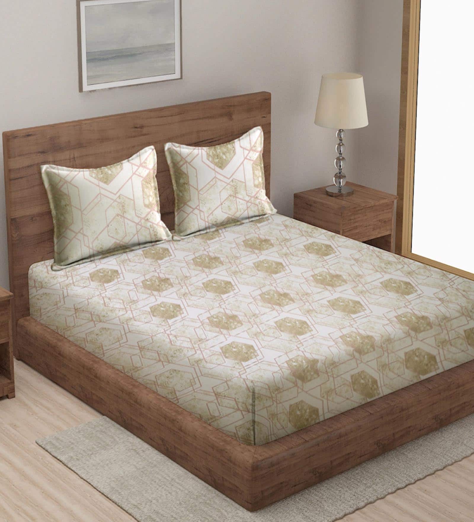 Multicolor Geometric 300 TC Cotton King Sized Bed Sheets with 2 Pillow Covers