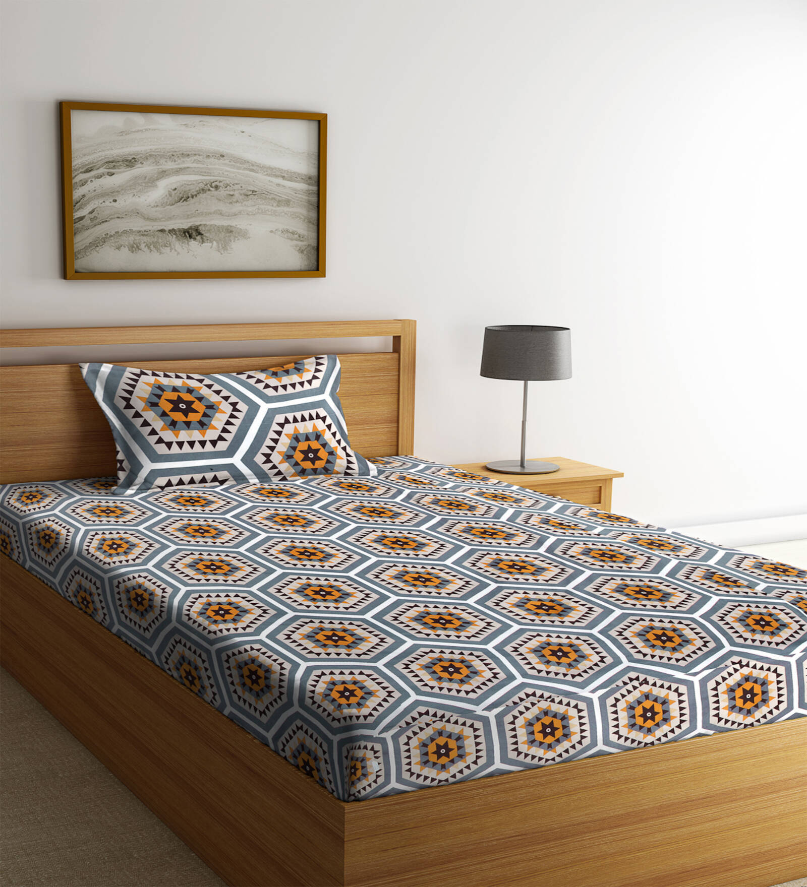 Multicolor Geometric 300 TC Cotton Single Bedsheet with 1 Pillow Cover