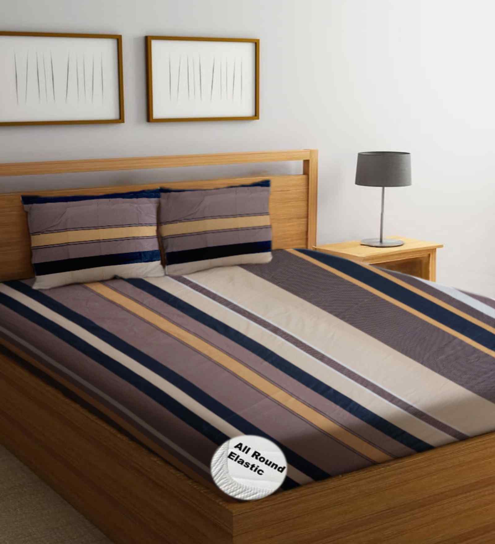 Multicolor Geometric 300 TC Glaze Cotton Fitted Bed Sheet Double Bed with 2 Pillow Covers Essential Collection