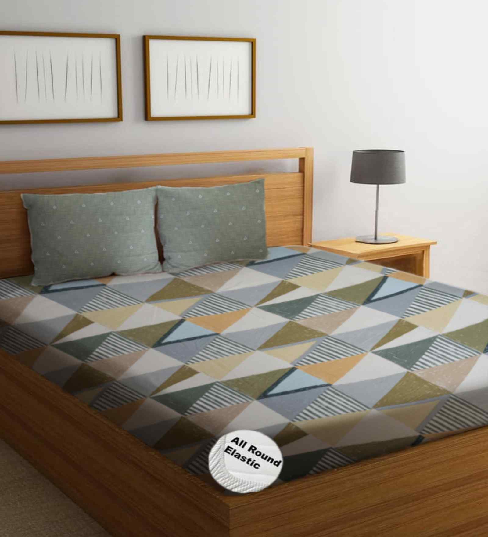 Green Geometric 300 TC Glaze Cotton Fitted Bed Sheet Super King with 2 Pillow Covers Essential Collection