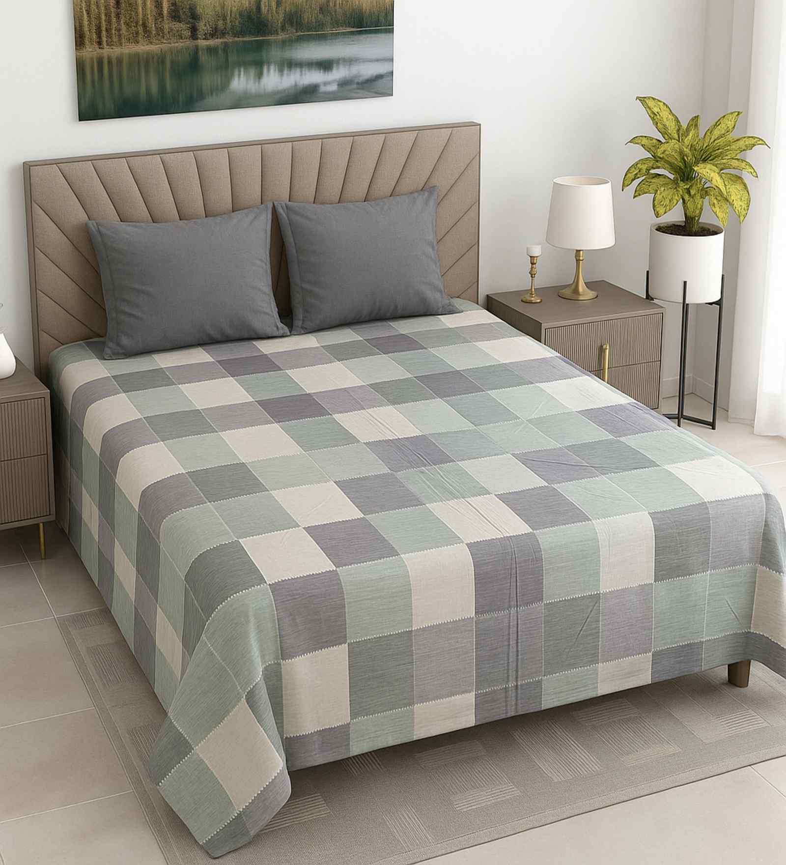 Multicolor Geometric 400 TC Cotton Super King Flat Bedsheet with 2 Pillow Covers Essential Collection