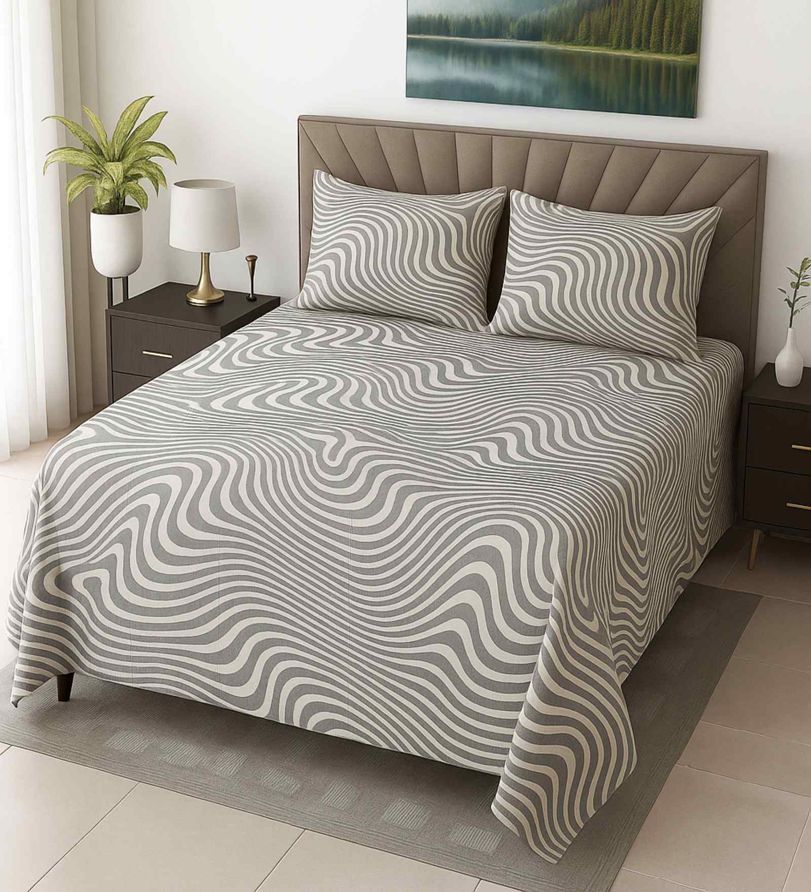 Multicolor Geometric 400 TC Cotton Super King Flat Bedsheet with 2 Pillow Covers Essential Collection