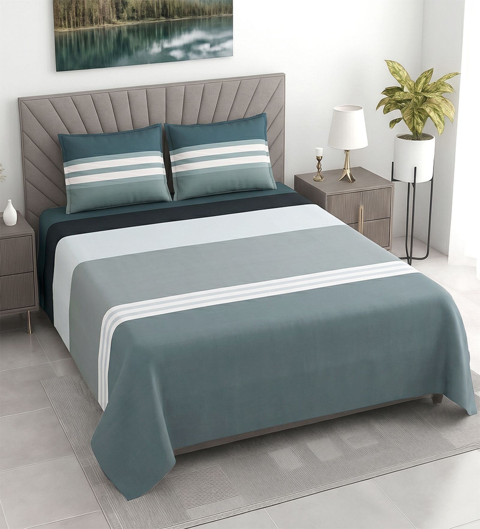 Grey Geometric 400 TC Cotton Superking Size Bedsheet With 2 Pillow Covers Threads Stripes Collection