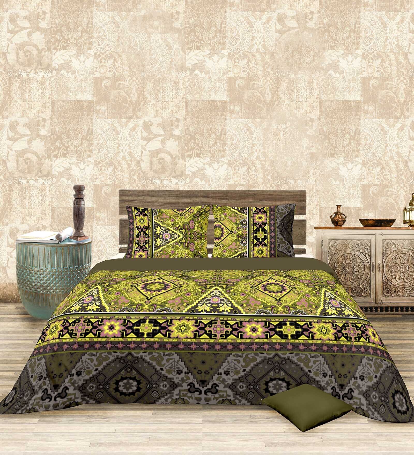 Buy Green Traditional 200 TC Cotton King Sized Bed Sheets with 2 Pillow