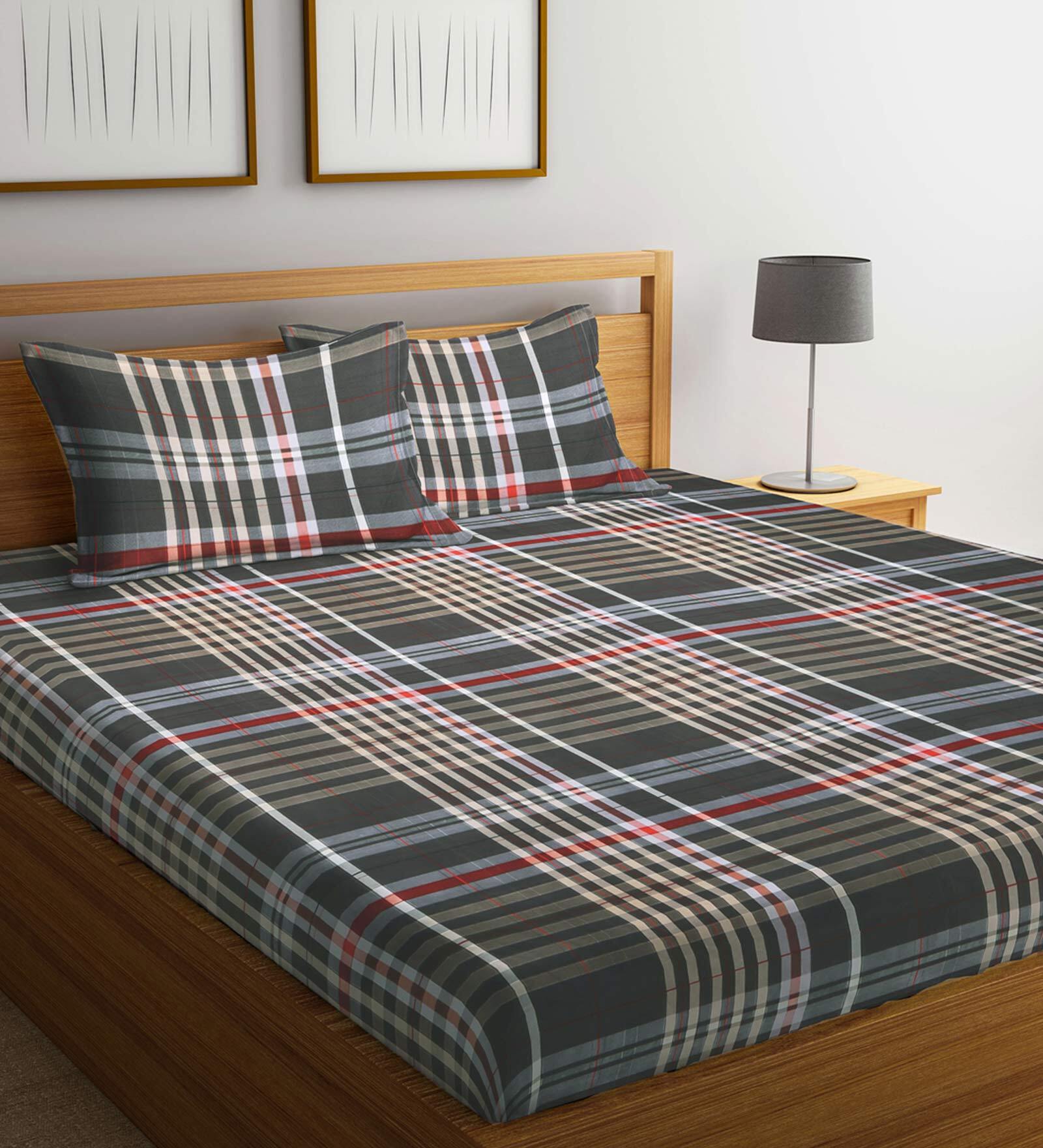Buy Black Checkered 210 TC Cotton Blend King Sized Bed Sheets with 2 ...