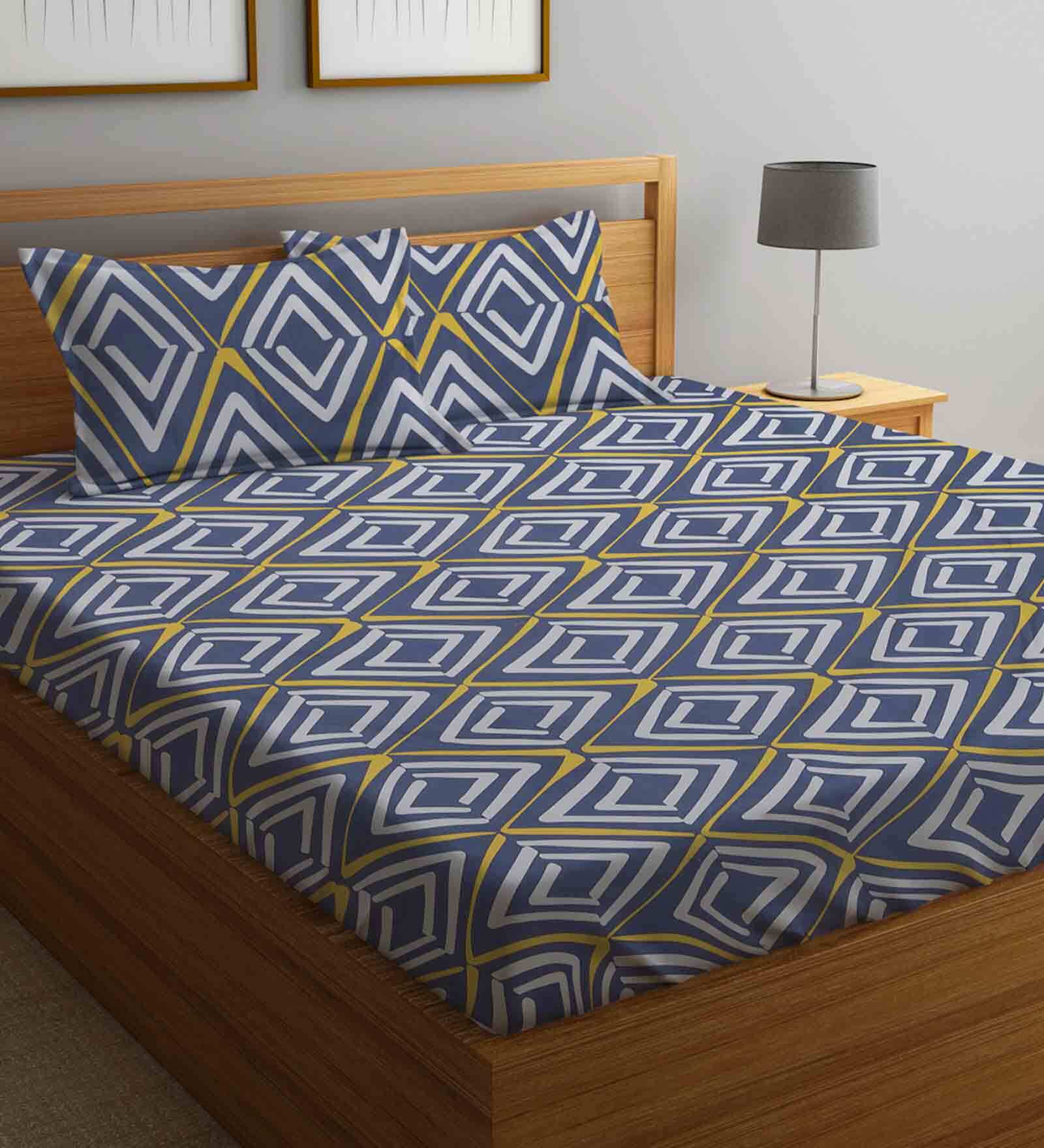 Blue Geometric 210 TC Poly Cotton King Sized Bed Sheets with 2 Pillow Covers